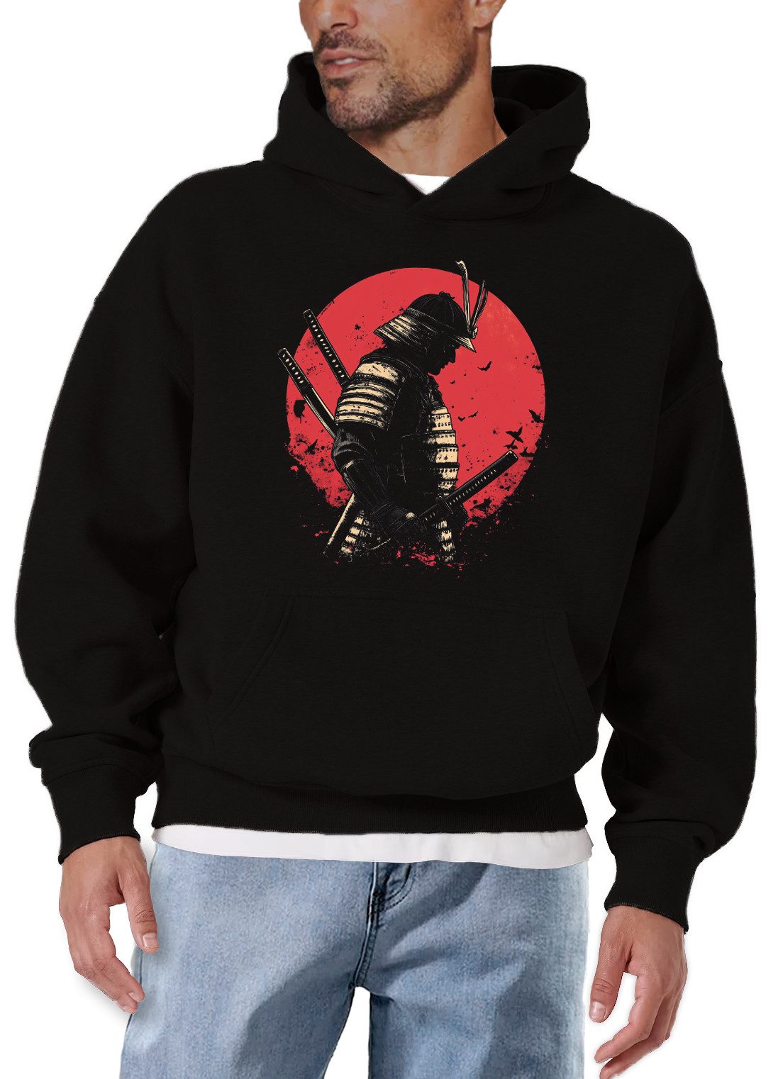 MAKAYA Kapuzenpullover mit Aufdruck Japan Motiv Samurai Krieger Anime Manga Geschenke (Schwarz, S, M, L, XL, XXL, 3XL, 4XL) Baumwolle