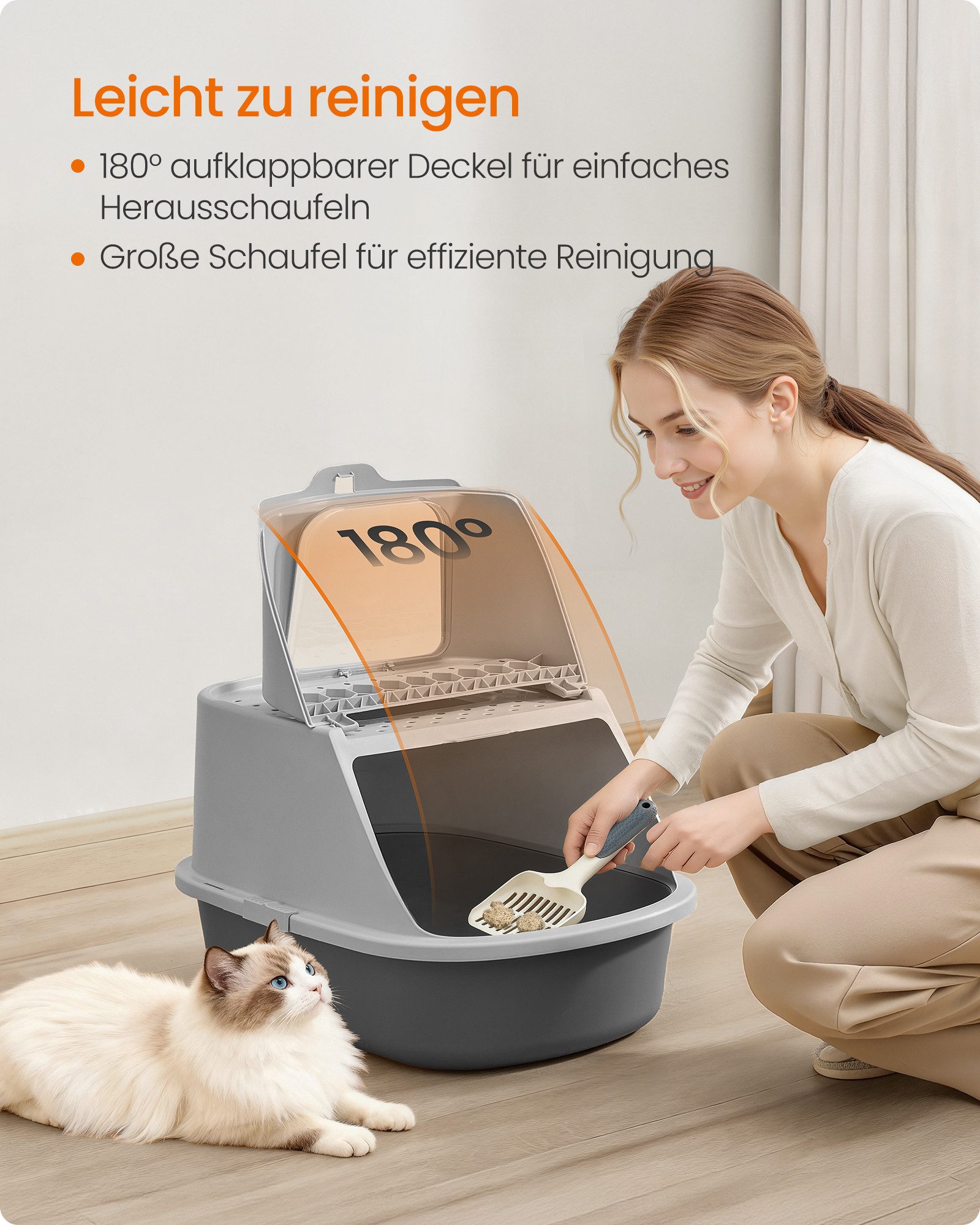FEANDREA Katzentoilette Katzenklo groß XXL, für Katzen bis 15 kg, Katzentoilette mit Deckel, mit Schaufel und Bürste