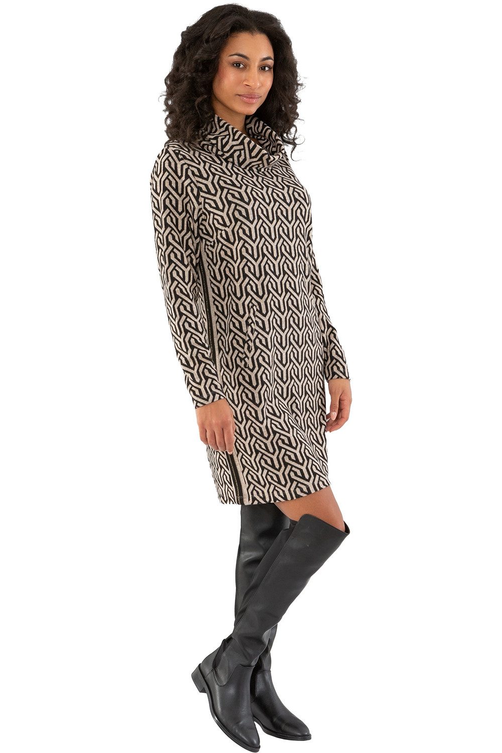 Gio Milano Midikleid G29-5605, Gio Milano Kleid Ornament Jaquard mit Schalkragen Streifen Einsatz seitlich, 2 Einfrifftaschen