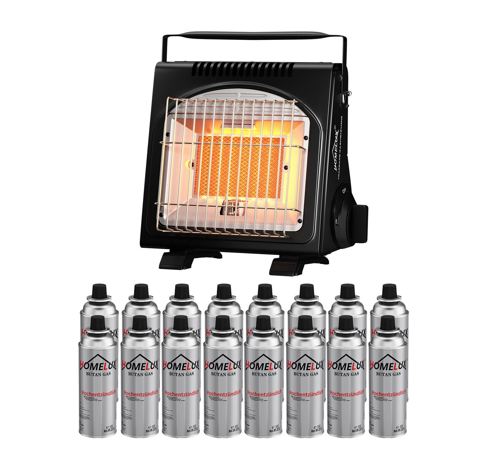 HOMELUX Heizstrahler mit 16Gaskartuschen, 2in1 Tragbare Gasheizung für innenräume Outdoor, 1700 W, Gasheizer, Gasheizung Camping, Heizung Ohne Strom, Gasheizstrahler