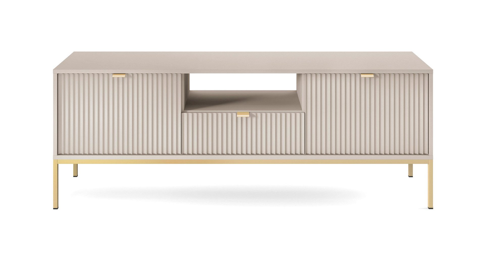 Feldmann-Wohnen Lowboard Nova (2 Türen, 1 offenes Fach, 1 Schublade, 1 St., Riffel-Optik Front, goldfarbene Metallgriffe, ABS-Kanten), 154x39x56cm Fronten mit ausdrucksstarkem geriffelten Muster