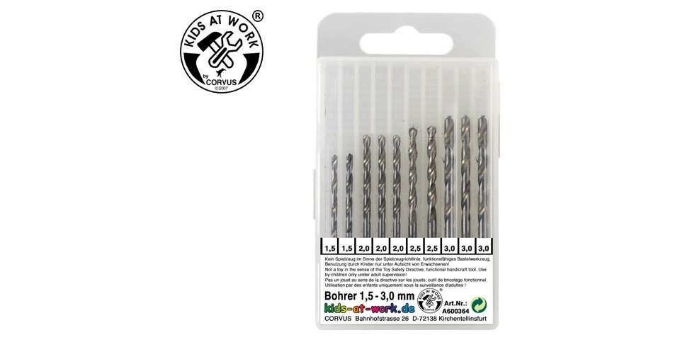Corvus Corvus A600364 - Kids at work, Bohrer-Set 1,5-3,0 mm, 10 Stück Konstruktions-Spielset