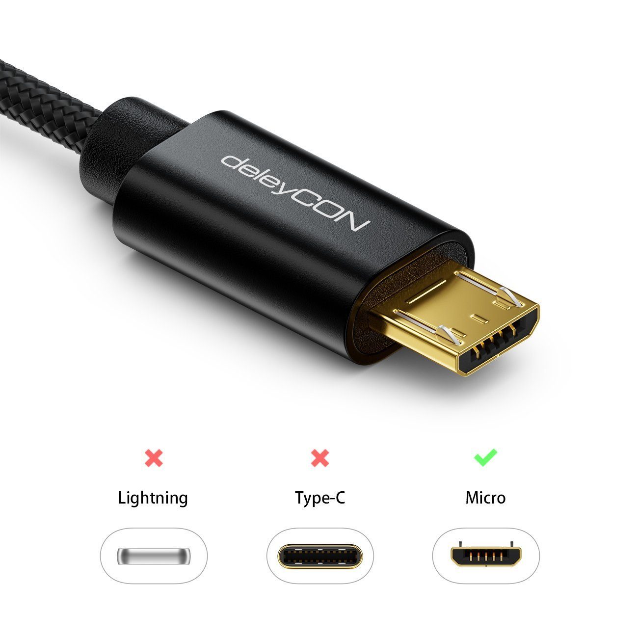 deleyCON deleyCON Micro USB Kabel 0,15m Nylon + Metallstecker - Schwarz Smartphone-Kabel
