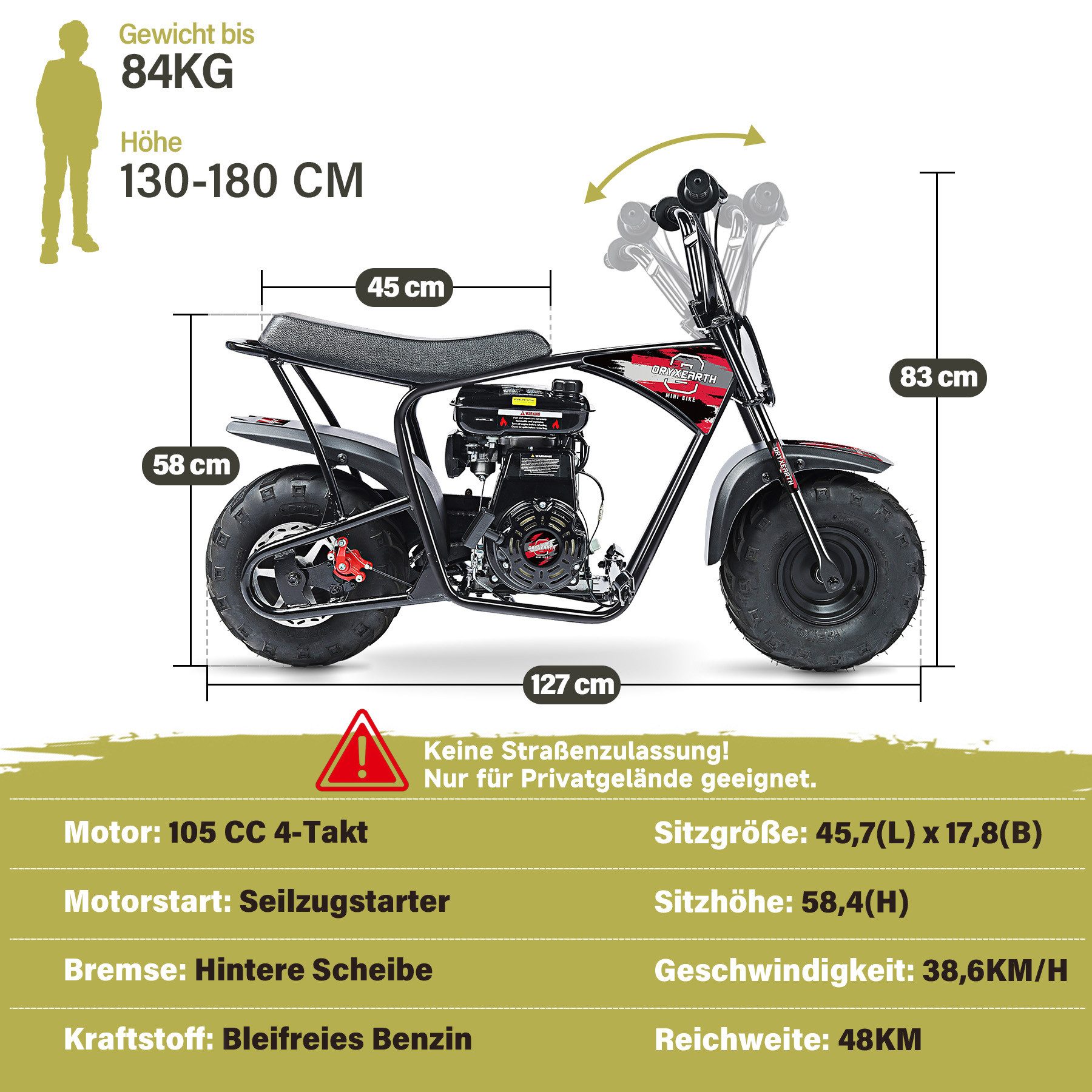 Oryxearth Dirt-Bike Pocket bike Minicross 105cc 20km/h Gasbetriebenes Offroad-Motorrad