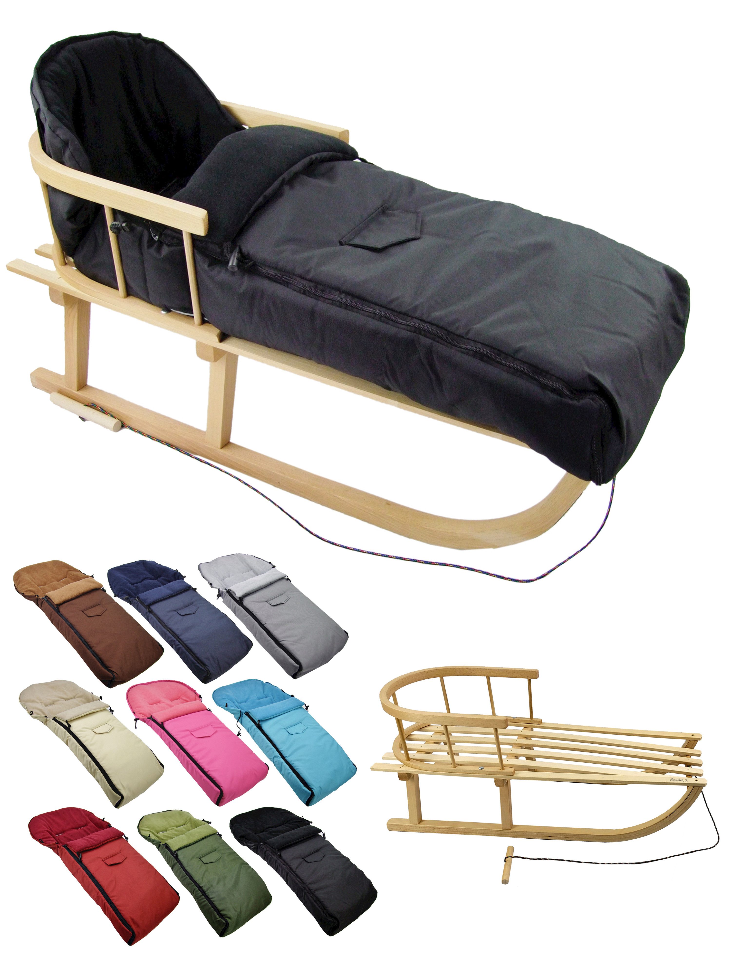 BambiniWelt by Rafael K. Davoser Санки CE-HOLZSCHLITTEN mit Rückenlehne Zugleine + WINTERFUßSACK Fleece 108cm