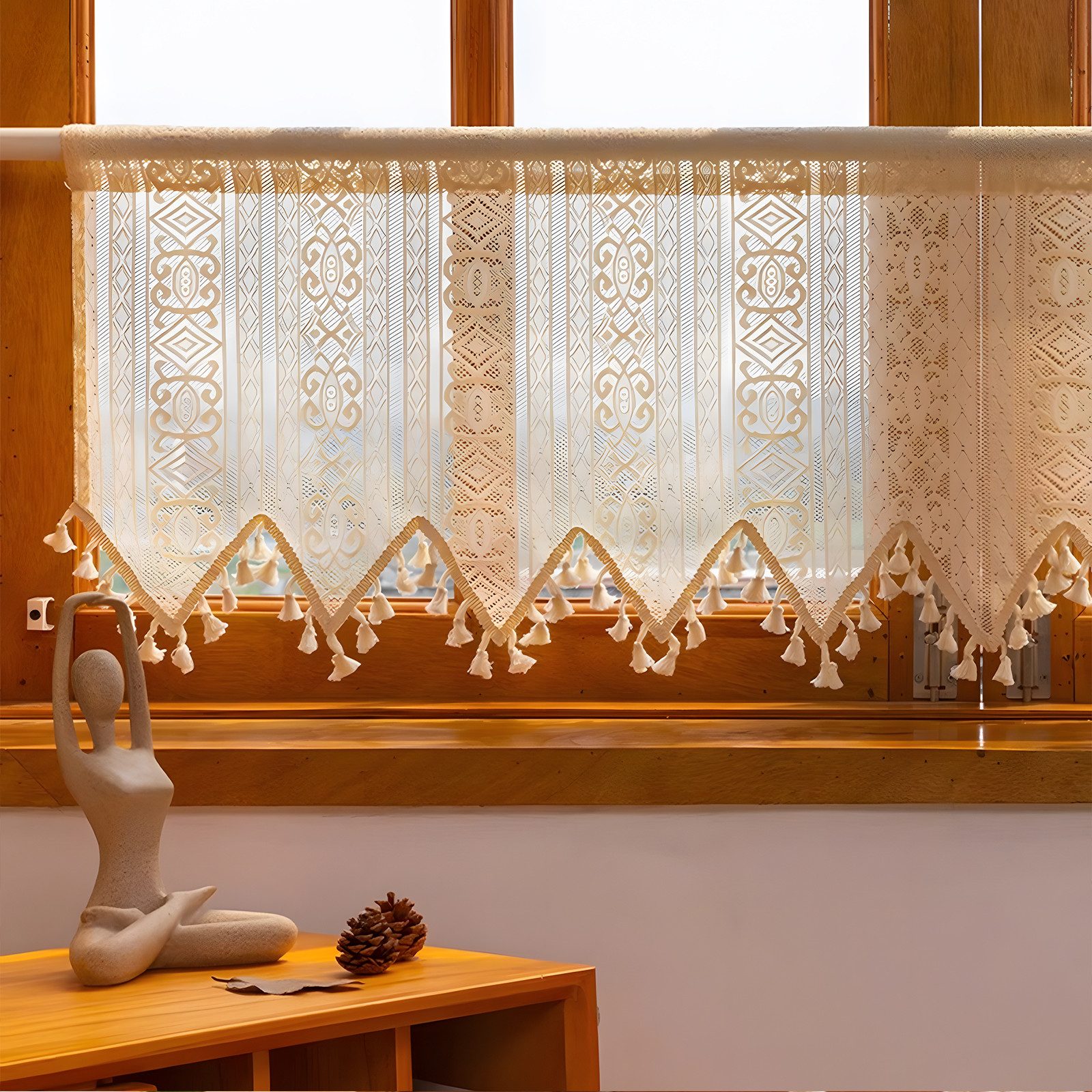 Bistrogardine Kurzvorhang Mit Quaste – 130x50 Cm, Boho Style, Für Küche & Wohnzimmer, Leicht Zu Pflegen