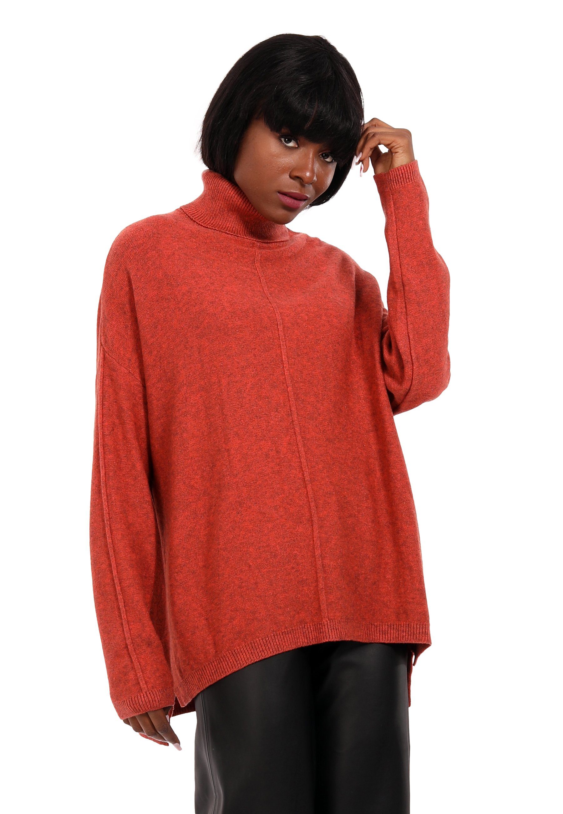 Fashion YC Pullover Size in melierter aus koralle (1-tlg) Oversized One Rollkragenpullover Feinstrick Optik Style &