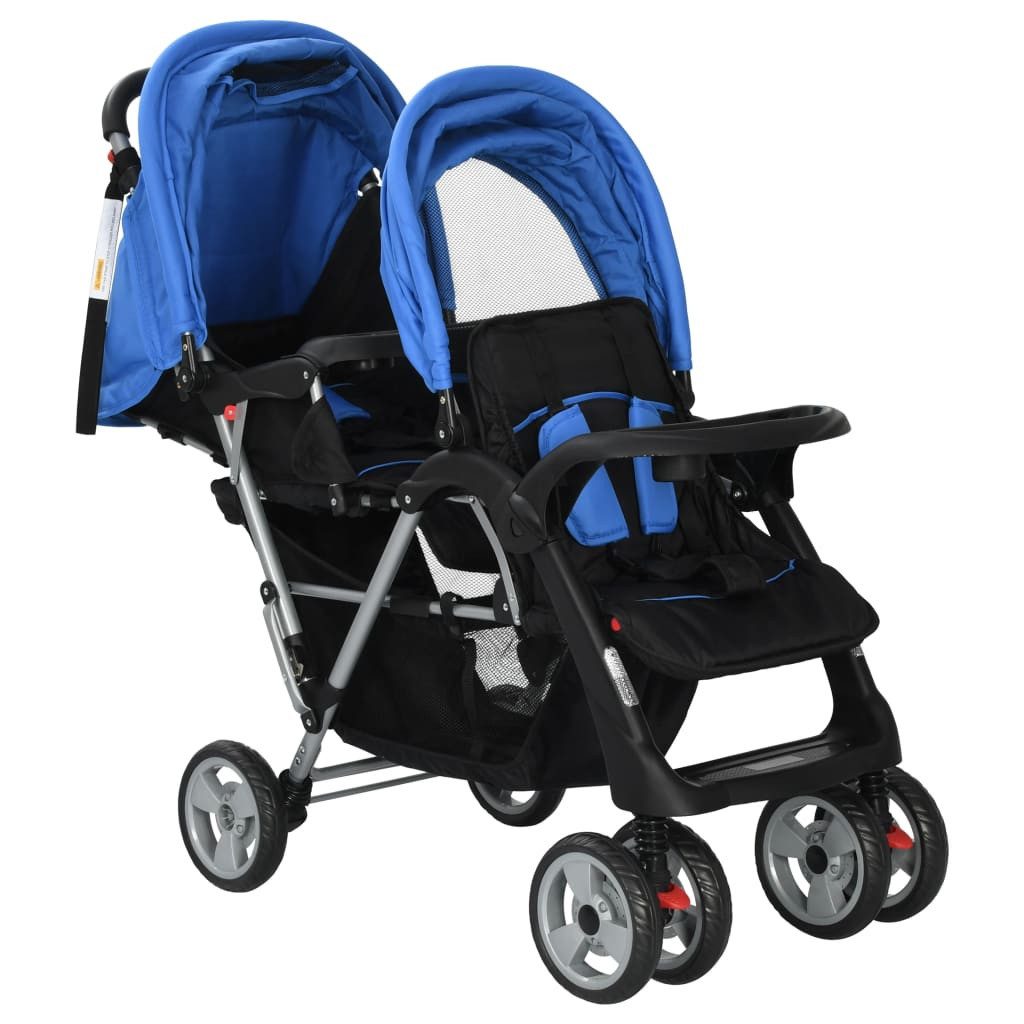 vidaXL Kombi-Kinderwagen Kinderwagen Kinderkarre Buggy Zwillings-Geschwisterwagen Stahl Blau un