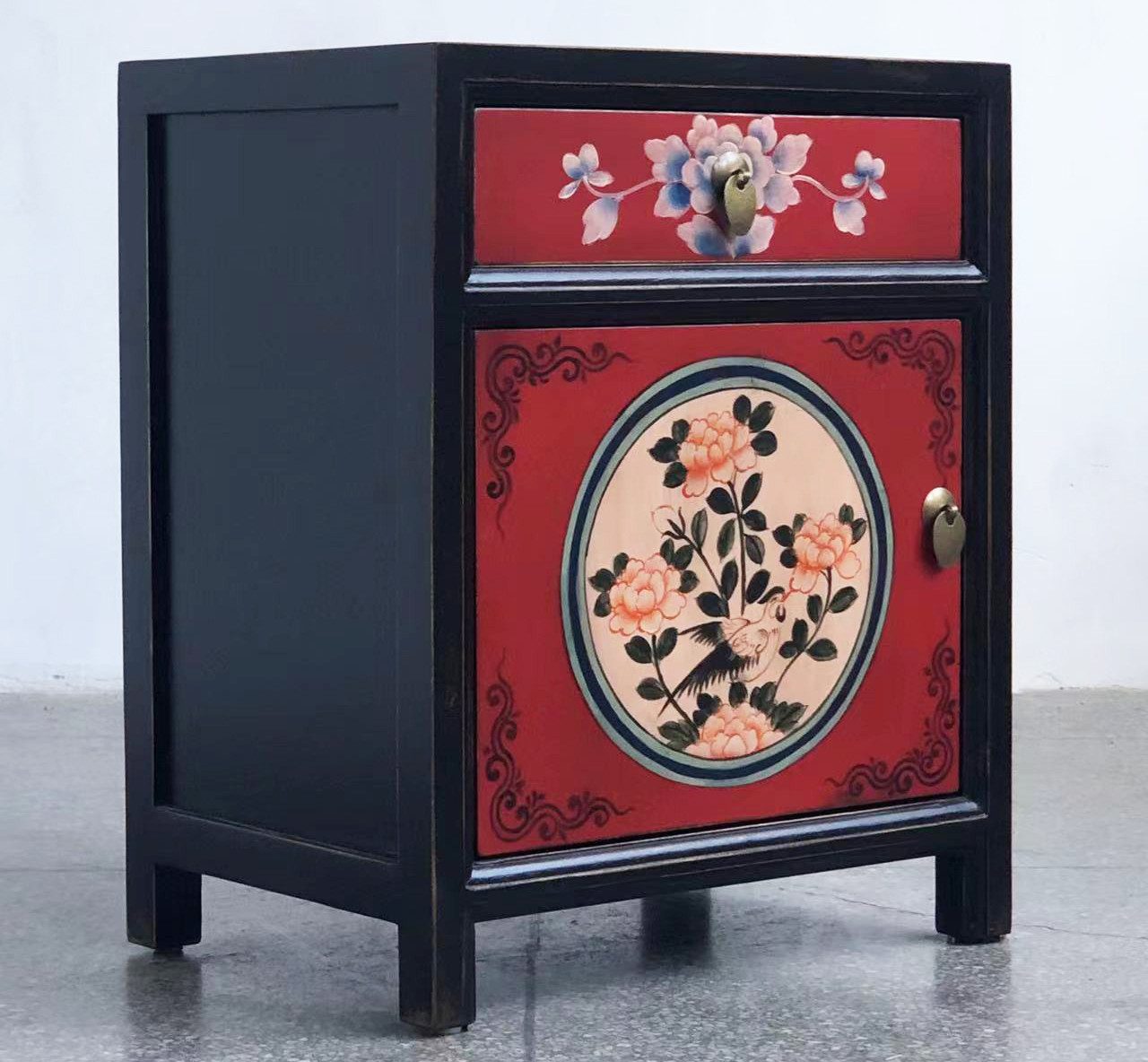 OPIUM OUTLET Nachtkommode Kommode Nachtschrank Nachtkästchen orientalisch asiatisch chinesisch, Vintage-Stil, Schrank klein, rot-schwarz, komplett montiert, Nachttisch