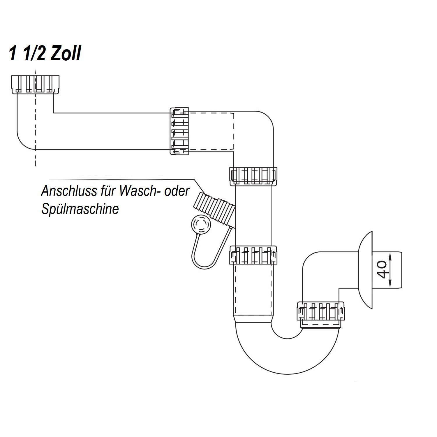 Sanixa Siphon weiß Kunststoff Ablauf Wachbecken Spülbecken, (Anschluss für Spülmaschine Waschmaschine), Raumsparsiphon mit Geräteanschluss weiß