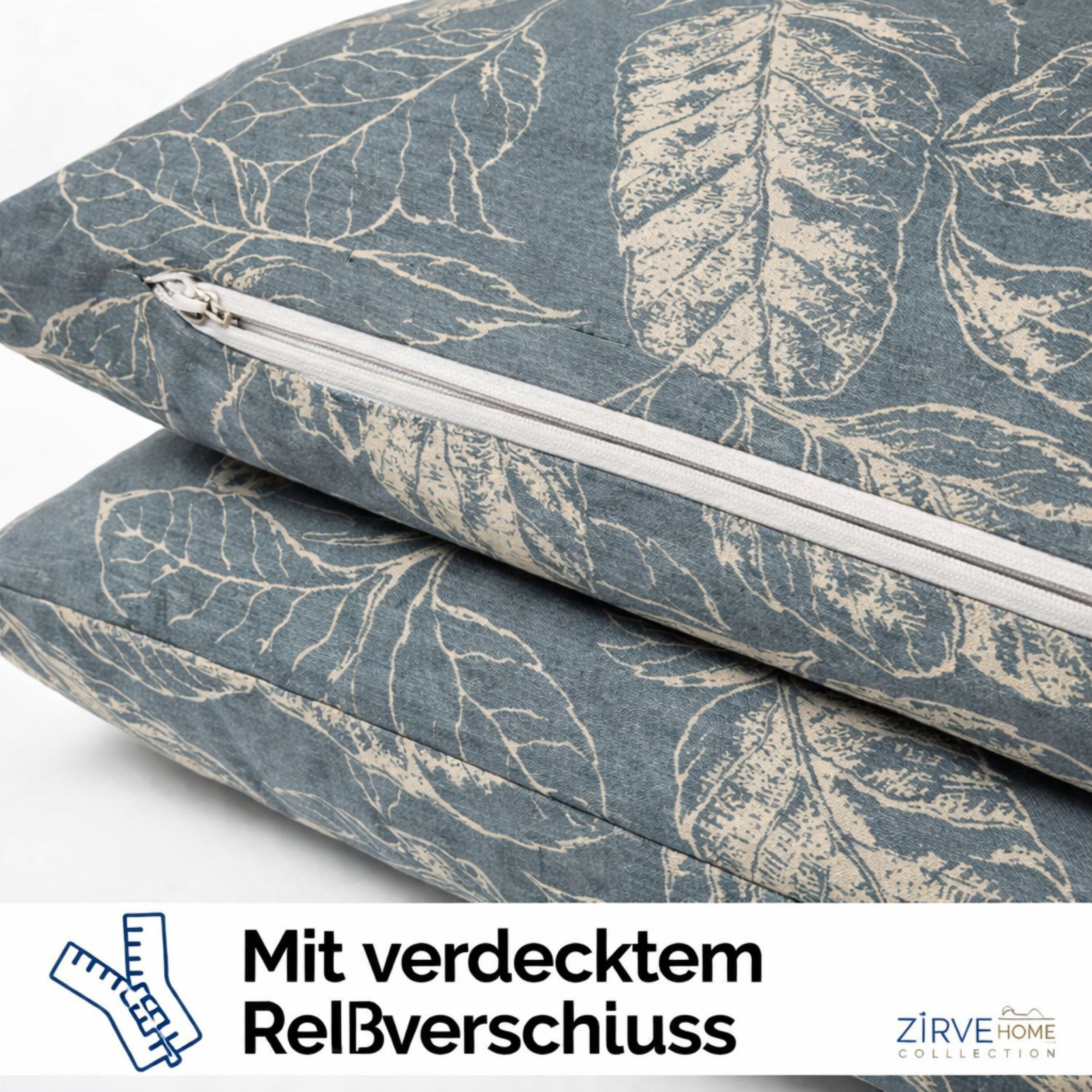 ZIRVEHOME Bettwäsche Baumwolle Bettbezug Graublau Beige Elegantes Blattmuster, Arina V1, Renforce, 2 teilig, 135x200 Baumwolle Bettbezug Graublau, Beige Blattmuster