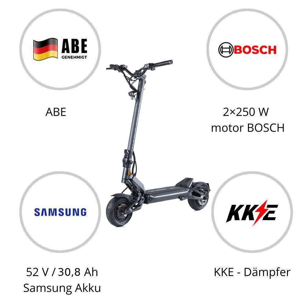 TEVERUN E-Scooter Teverun Fighter Mini eKFV E-Scooter mit Straßenzulassung, 20 km/h, (Packung), 30,8Ah Samsung, 2×250W Bosch, ABE, KKE-Dämpfer, Smart BMS, APP