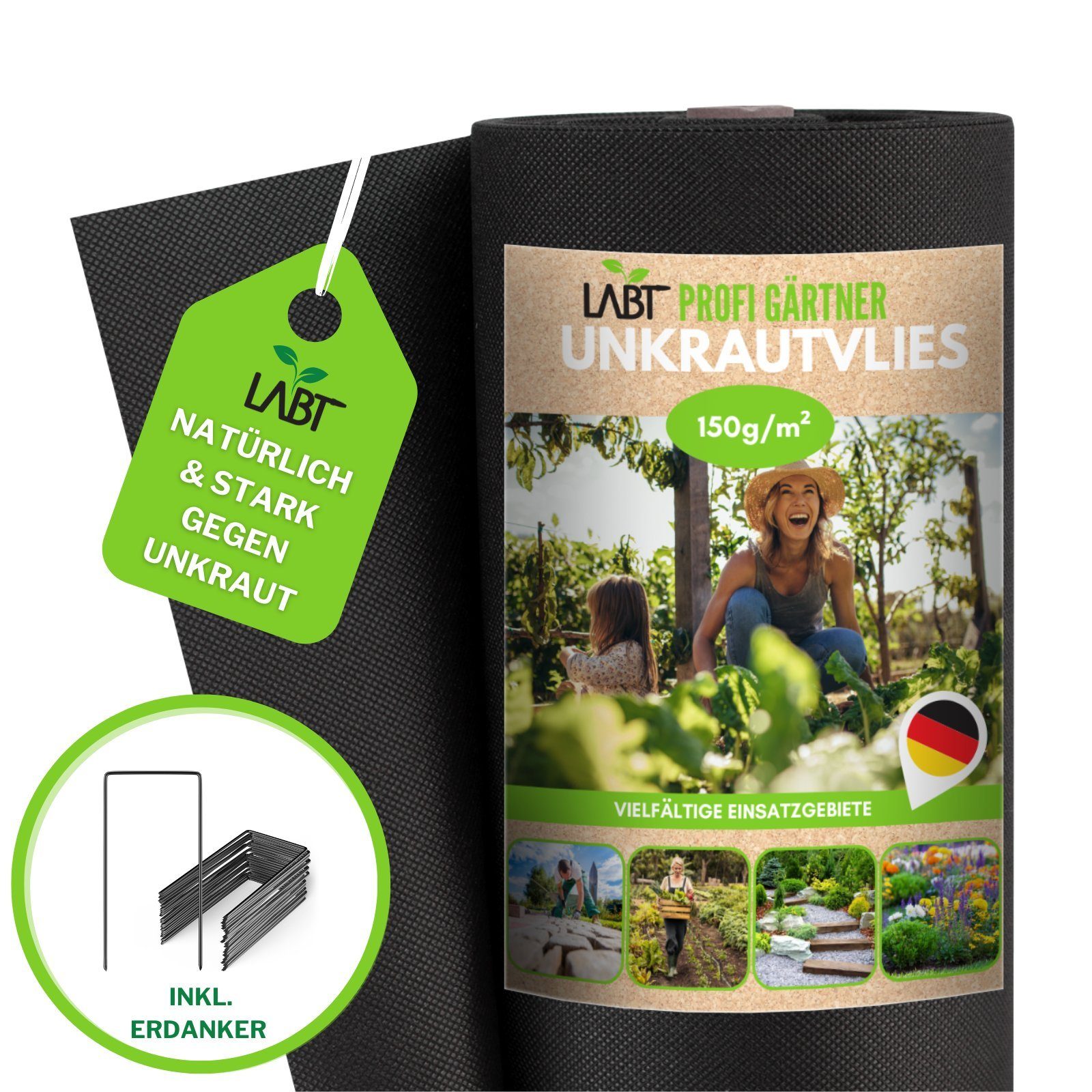 LABT Unkrautvlies Unkrautvlies LABT® Gartenvlies 1m x 20m mit Erdankern 150g/m² stark