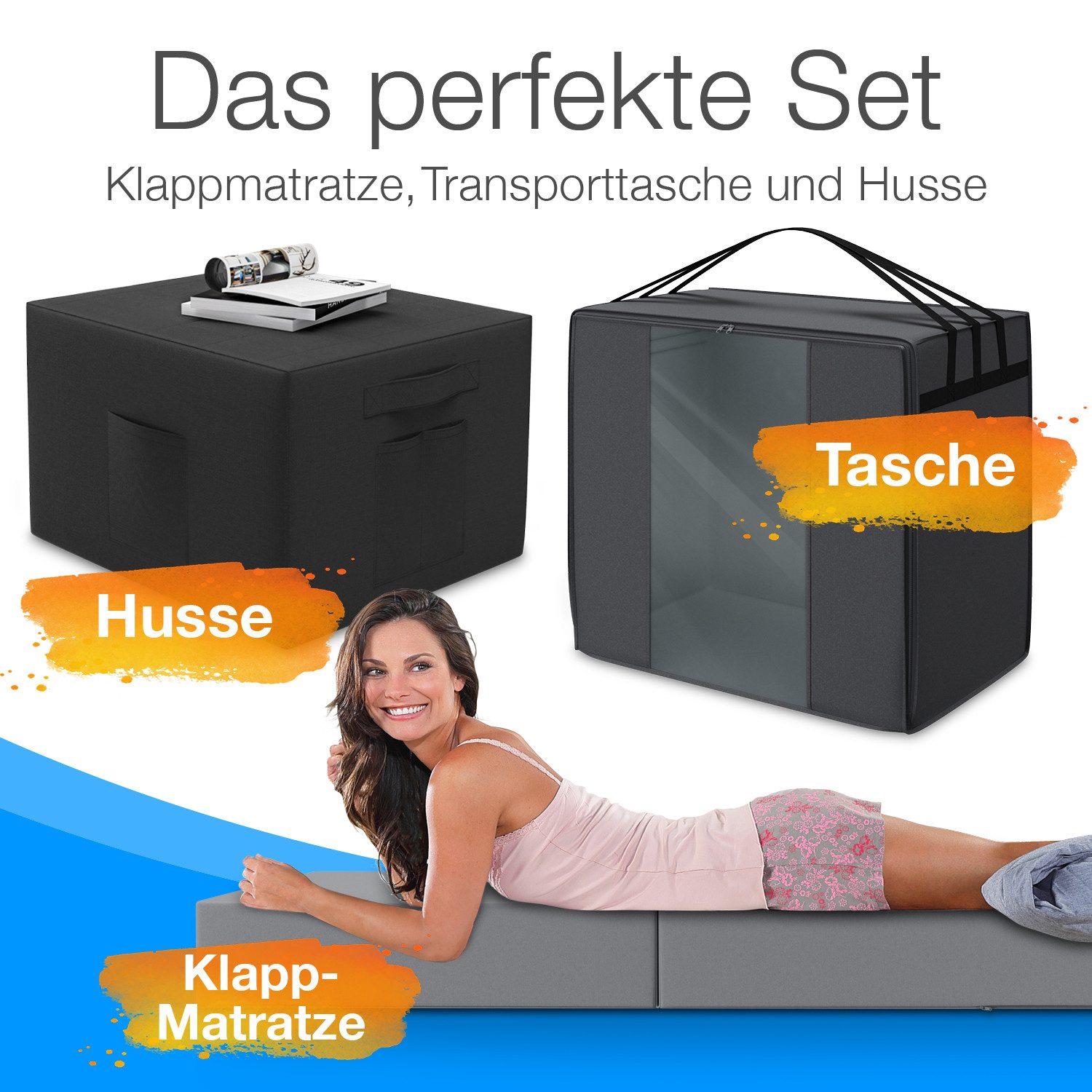 Klappmatratze Spar-Set inkl. Husse & Transporttasche, ELONEO, 15 cm hoch, versch. Größen & Farben