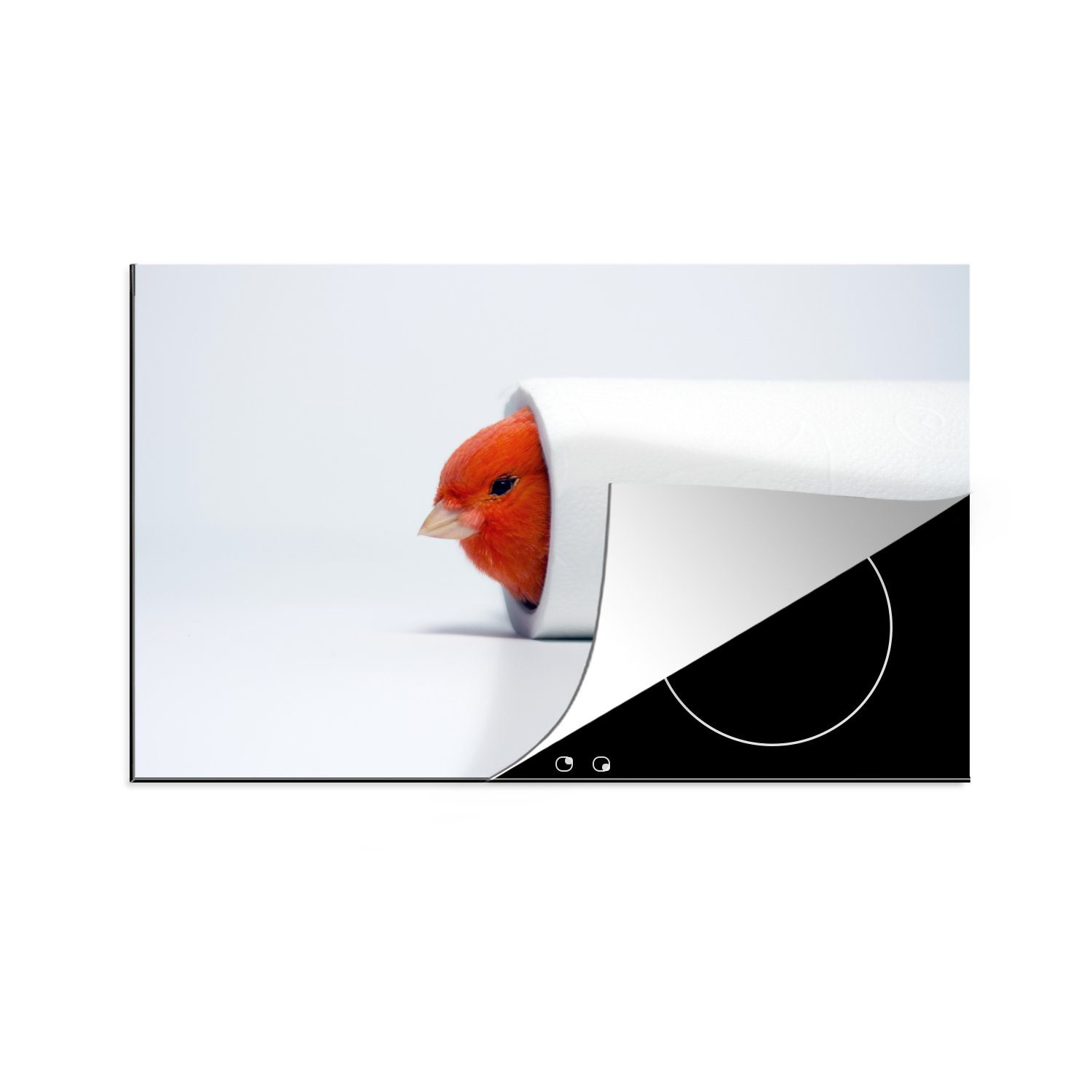MuchoWow Herdblende-/Abdeckplatte Roter Kanarienvogel im Toilettenpapier, Vinyl, (1 tlg), 81x52 cm, Induktionskochfeld Schutz für die küche, Ceranfeldabdeckung