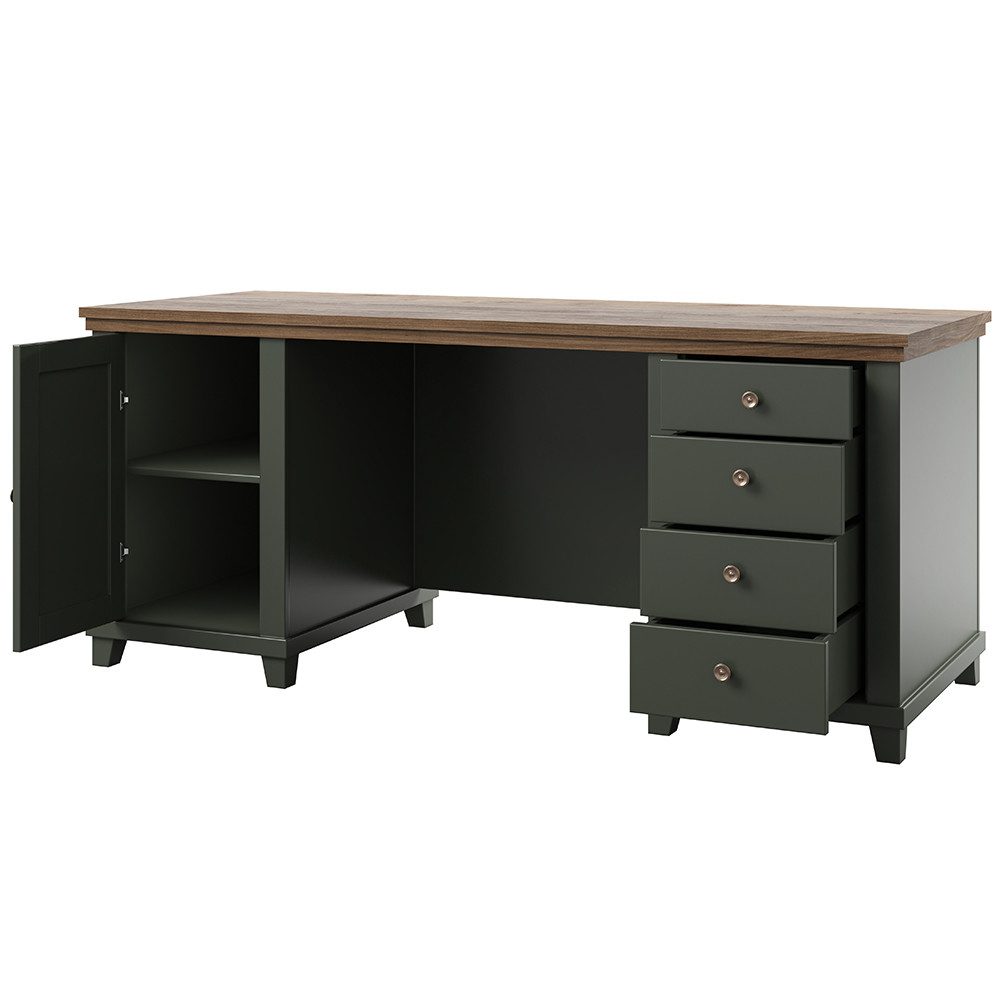 Lomadox Büromöbel-Set EPSOM-83, (Spar-Set, 3-tlg., Schreibtisch Vitrine Aktenregal), in grün mit Eiche, Softclose-Funktion, Rückwand mit Lamellen Optik
