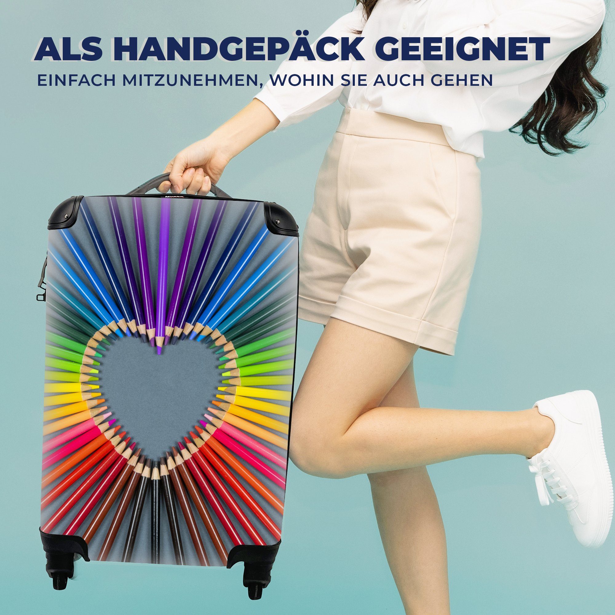 4 für Reisetasche mit Bleistifte rollen, Handgepäck - Abstrakt, Trolley, Regenbogen - MuchoWow Herz Rollen, Handgepäckkoffer - Ferien, Reisekoffer