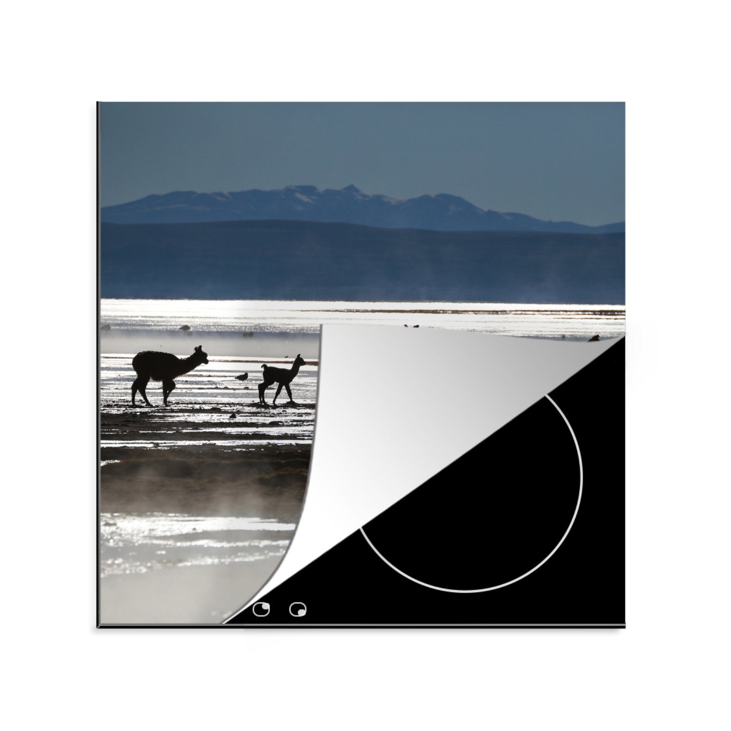 MuchoWow Herdblende-/Abdeckplatte Alpakas - Wasser - Berge, Vinyl, (1 tlg), 78x78 cm, Ceranfeldabdeckung, Arbeitsplatte für küche