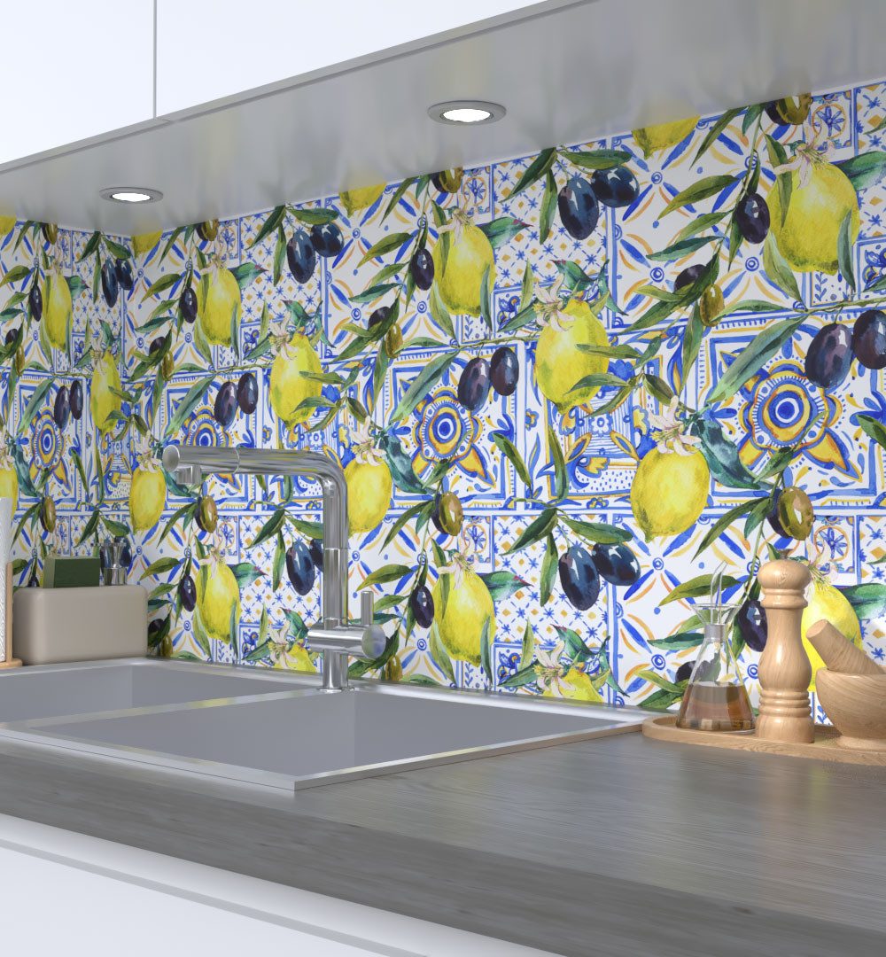 MyMaxxi Küchenrückwand Küchenrückwand selbstklebend Zitronen und Oliven Spritzschutz Folie, (Klebefolie passend geschnitten und gerollt B 60 cm x H 60 cm), Zitrusfrucht und Mosaik B 60 cm x H 60 cm