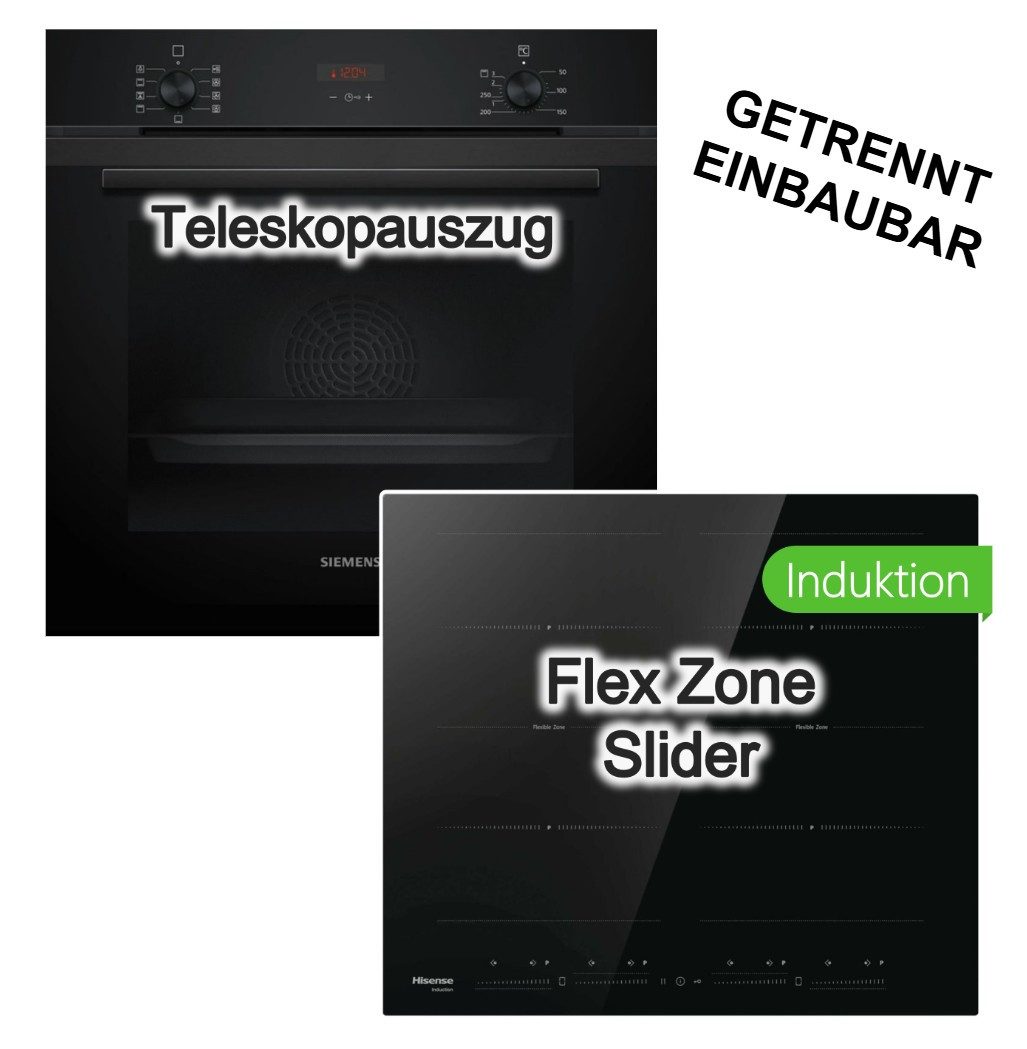 SIEMENS Backofen-Set Backofen Hydrolyse Teleskopauszug+Hisense Induktionskochfeld Flex 60cm, mit 1-fach Teilauszug, Hydrolyse