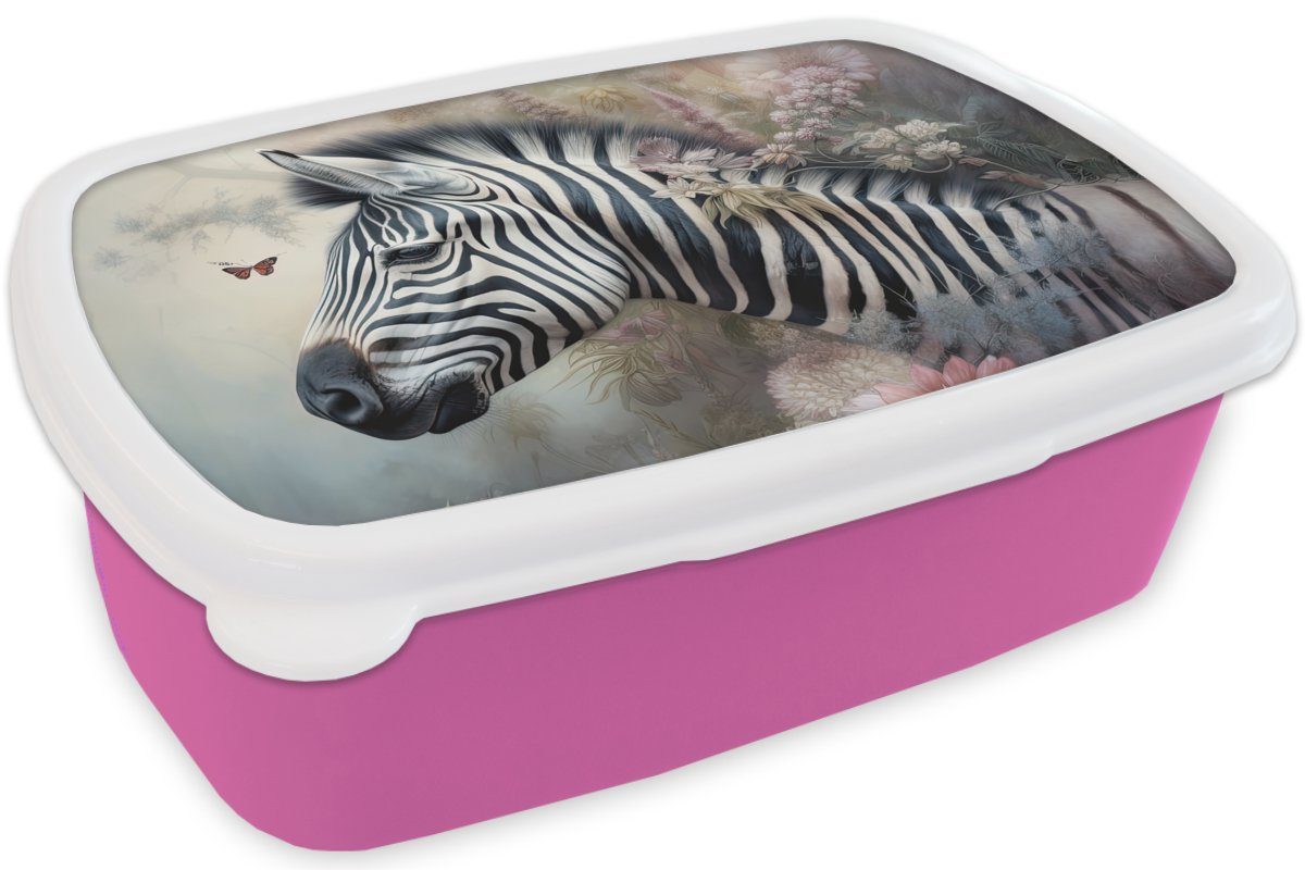 Mädchen, Kunststoff Schmetterling Blumen, Lunchbox für - Kunststoff, Tiere MuchoWow (2-tlg), Wilde - Snackbox, - Brotdose rosa Brotbox Zebra Kinder, Erwachsene,