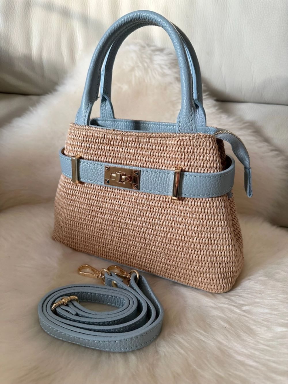 Goodman Design Schultertasche Italienische Handtasche aus Echtleder und Raffia, Mit hochwertiger Verschluss für stilvolle Sicherheit