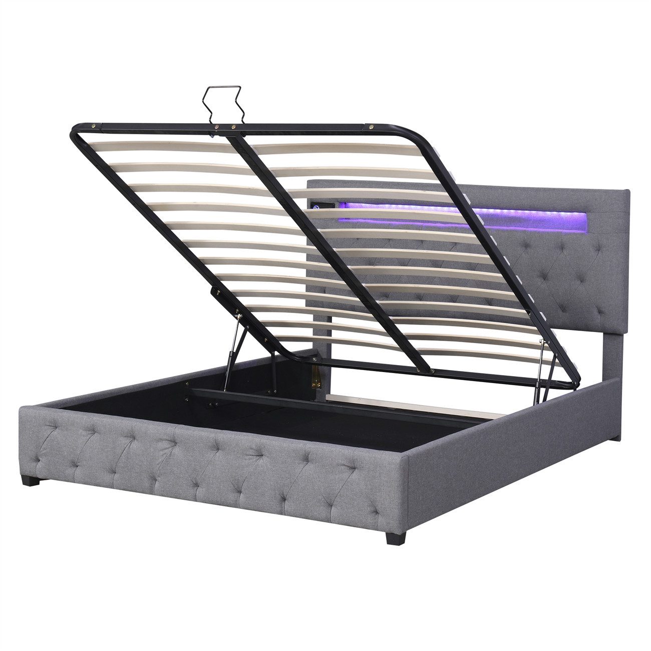 autolock Polsterbett Doppelbett,Polsterbett,Familienbett,Plattformbett mit aufladen USB, Bluetooth-Player,LED-Beleuchtung,mit Stauraum,Verstellbares Kopfteil