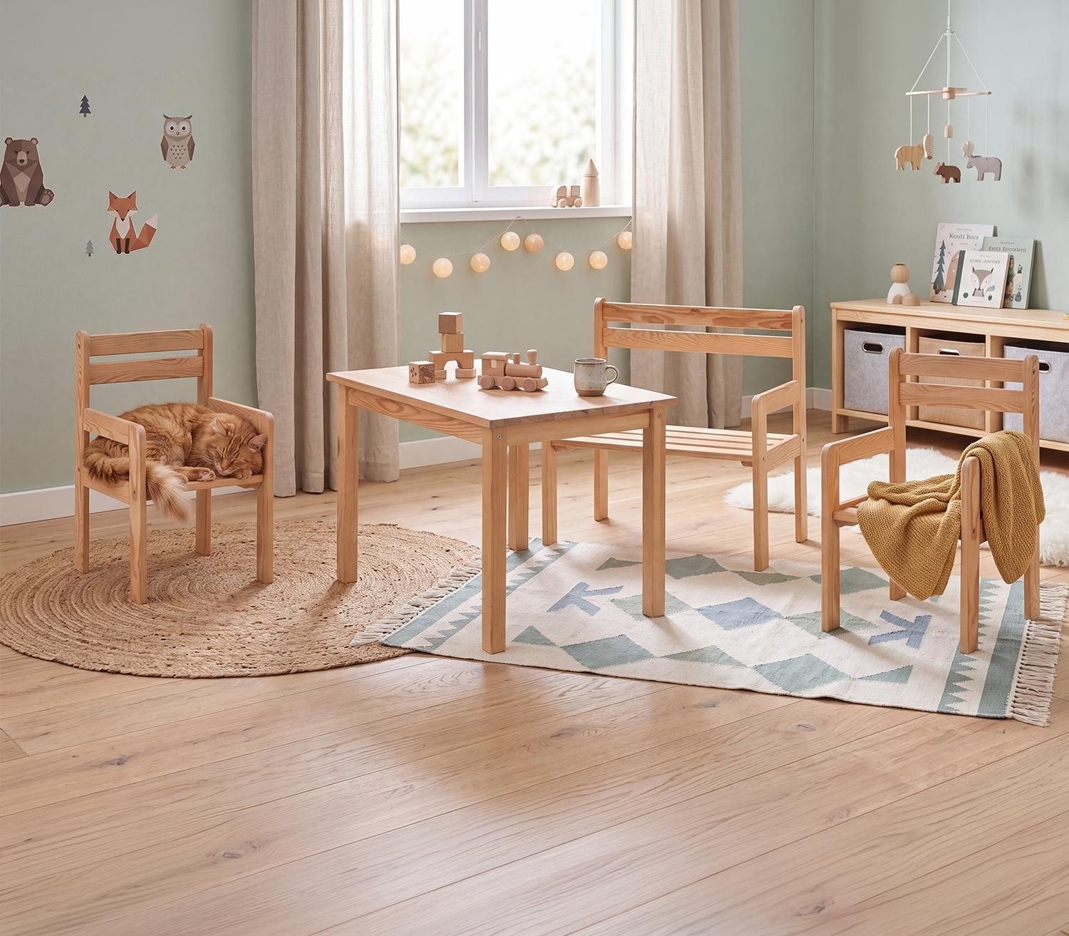 Home4You Kindersitzgruppe 4-teilig, Kiefer, Braun, 1 Tisch, 1 Bank mit Armlehnen, 2 Stühle mit Armlehnen