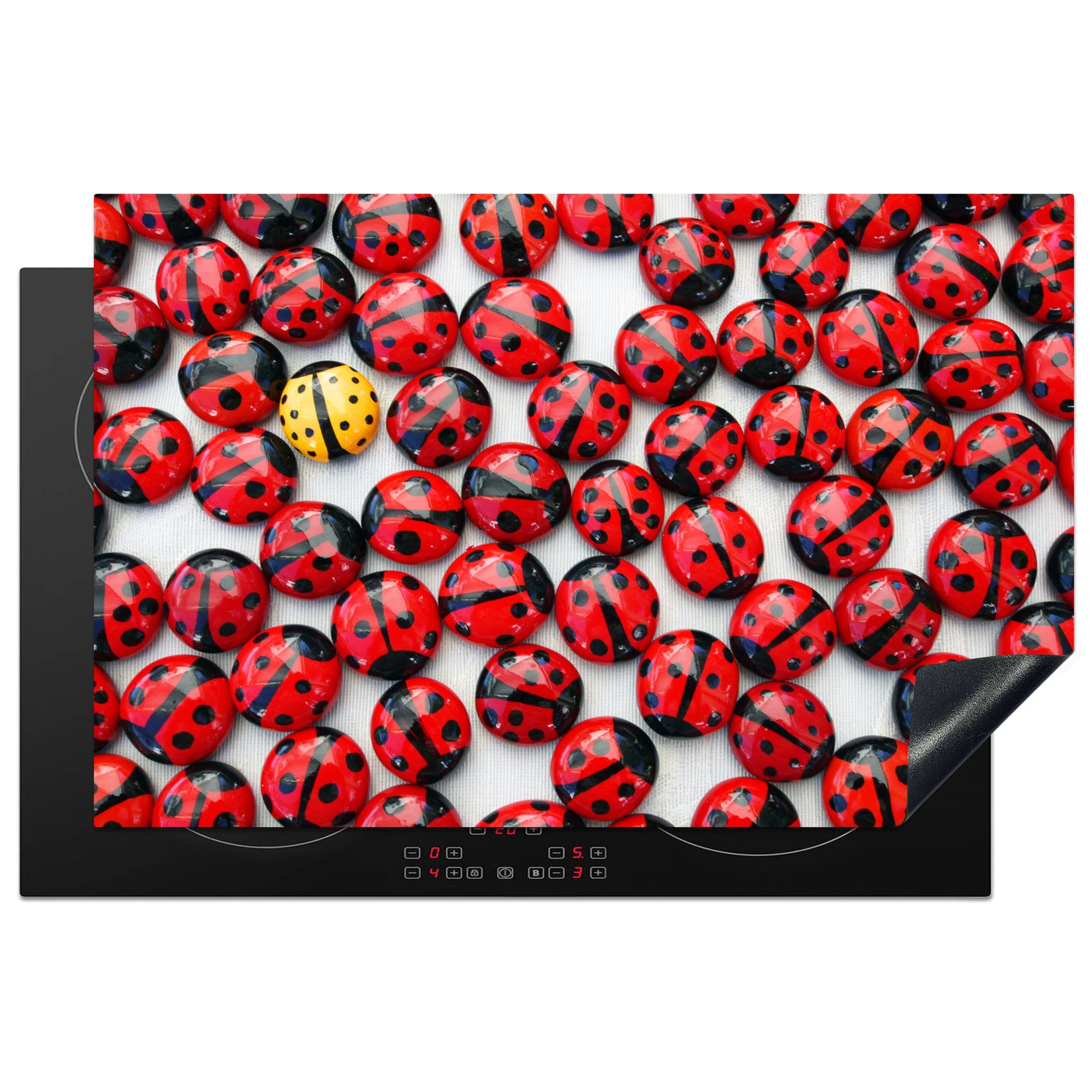 MuchoWow Herdblende-/Abdeckplatte gelber Marienkäfer zwischen roten Marienkäfern, Vinyl, (1 tlg), 81x52 cm, Induktionskochfeld Schutz für die küche, Ceranfeldabdeckung