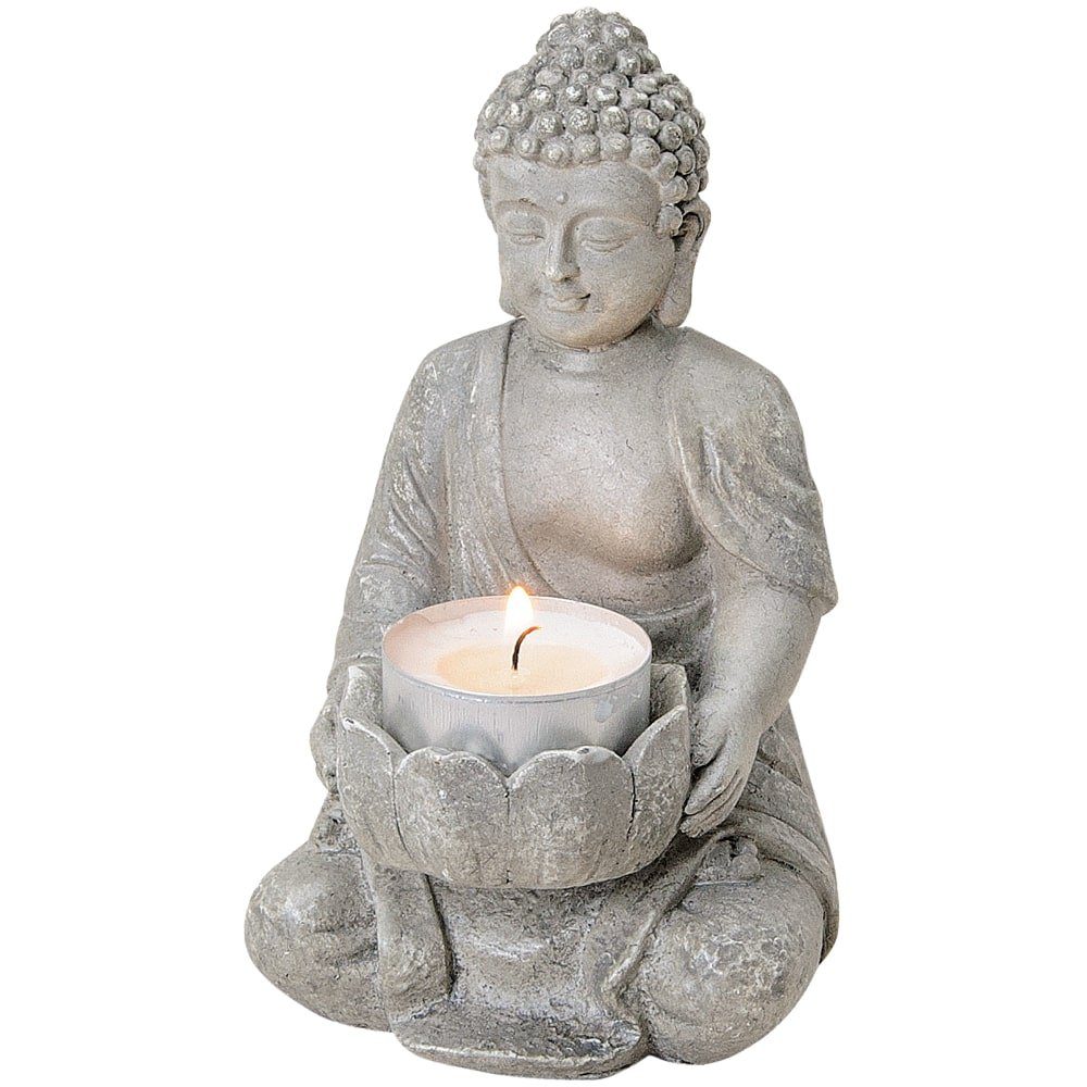 matches21 HOME & HOBBY Dekofigur Buddha Figur Deko sitzend Garten Teelichthalter grau (1 St)