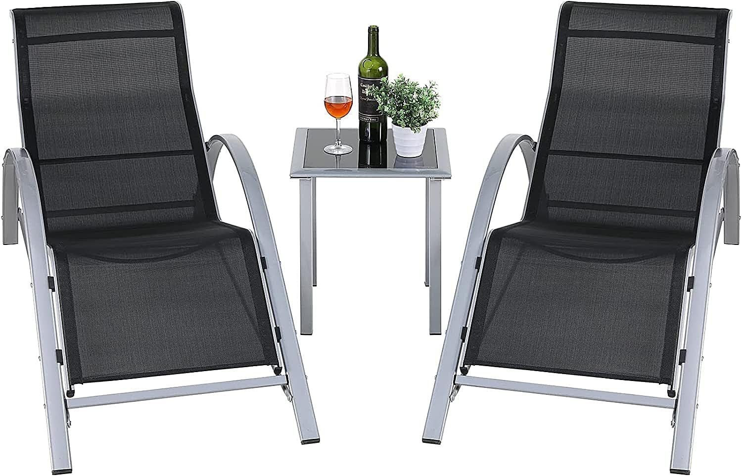 TLGREEN Gartenliege Terrassen-Loungesessel-Set, 2 Liegestühlen mit Tisch, Aluminiumgestell, silberschwarz