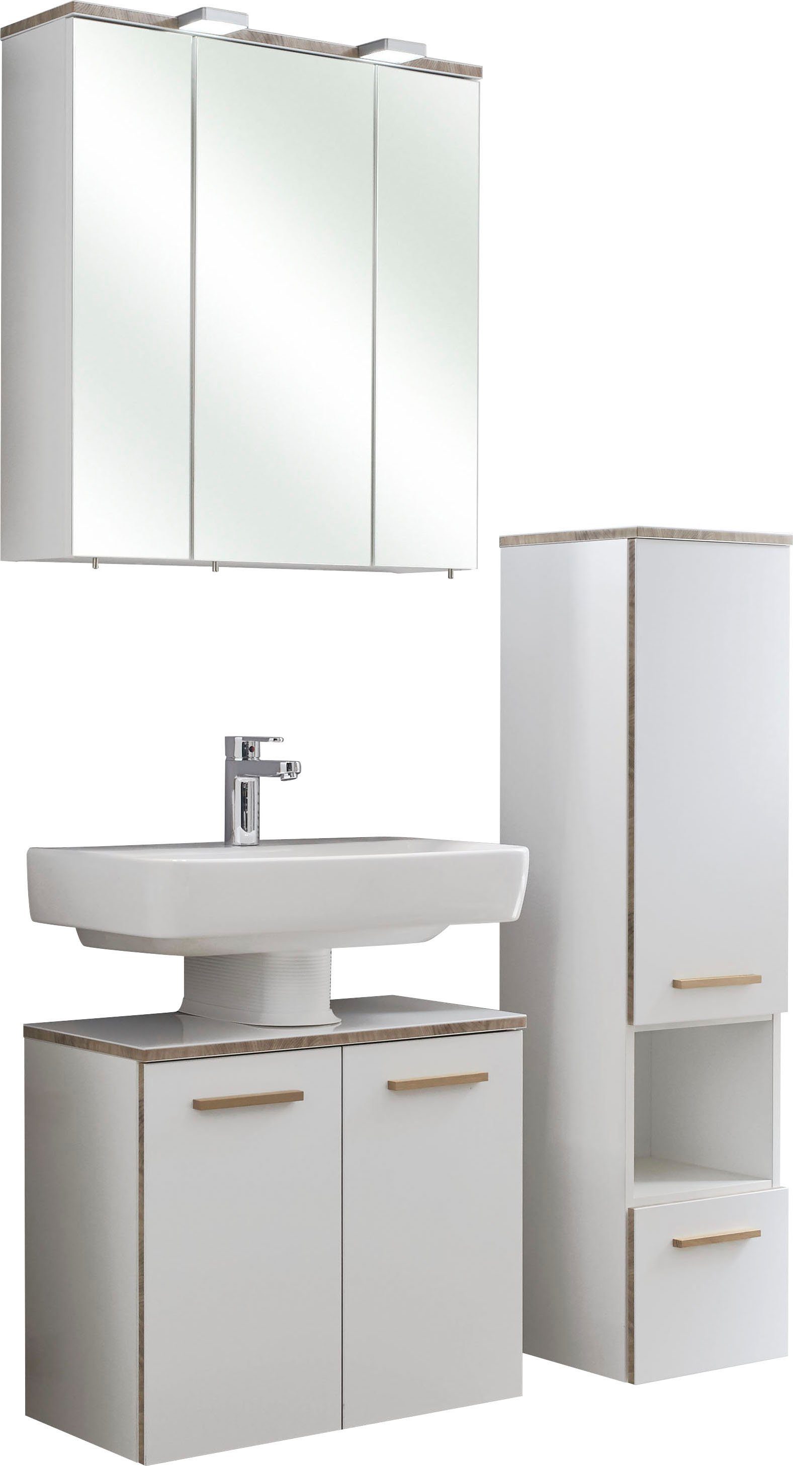 Saphir Badmöbel-Set Quickset 931 3-teilig, Waschbeckenunterschrank mit LED-Spiegelschrank, (Set, 3-St), ohne Waschbecken, mit Midischrank, inkl. Türdämpfer, 6 Türen, 1 Nische