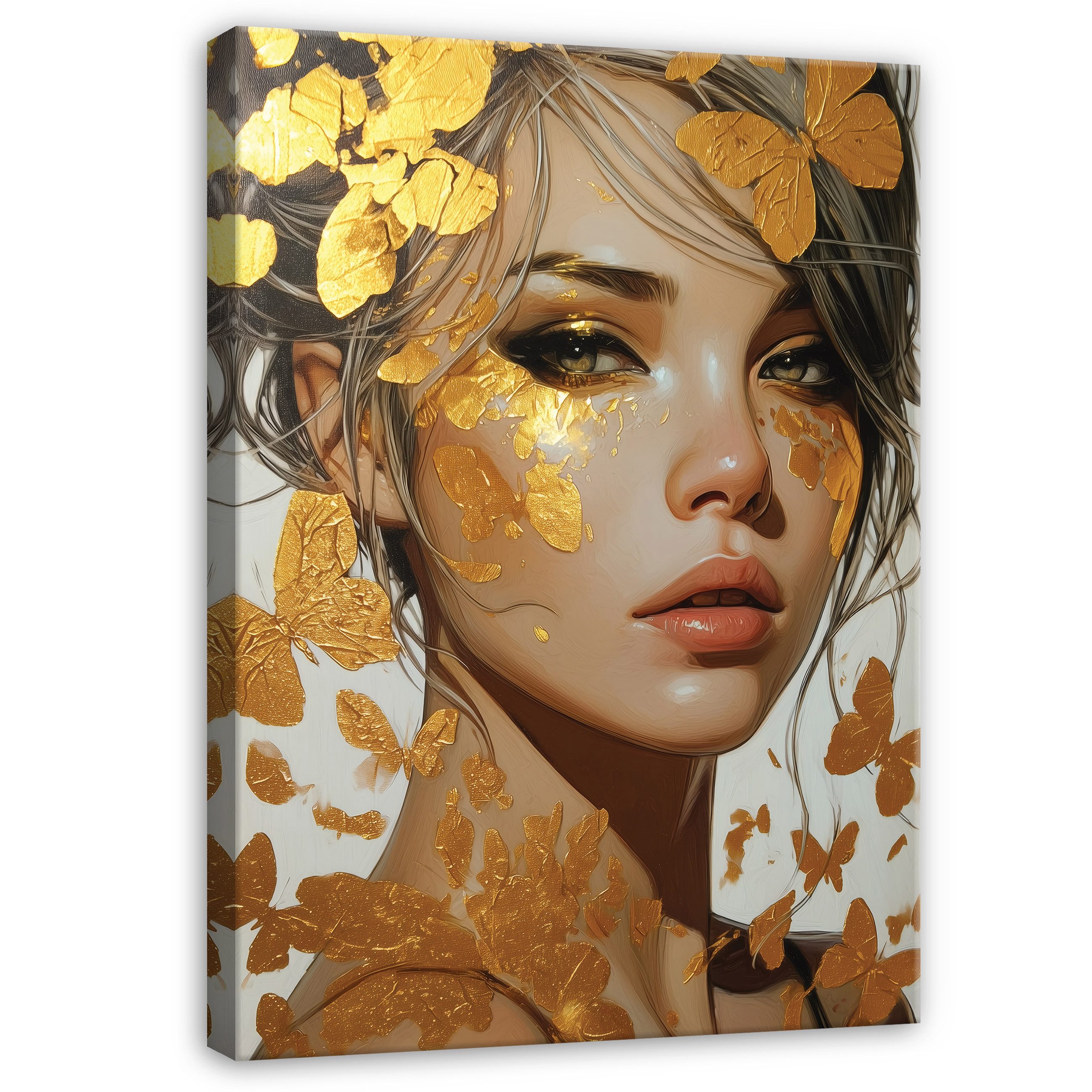 Wallarena Leinwandbild Frau Gold Schmetterlinge Wandbilder Wand Deko XXL Bi günstig online kaufen
