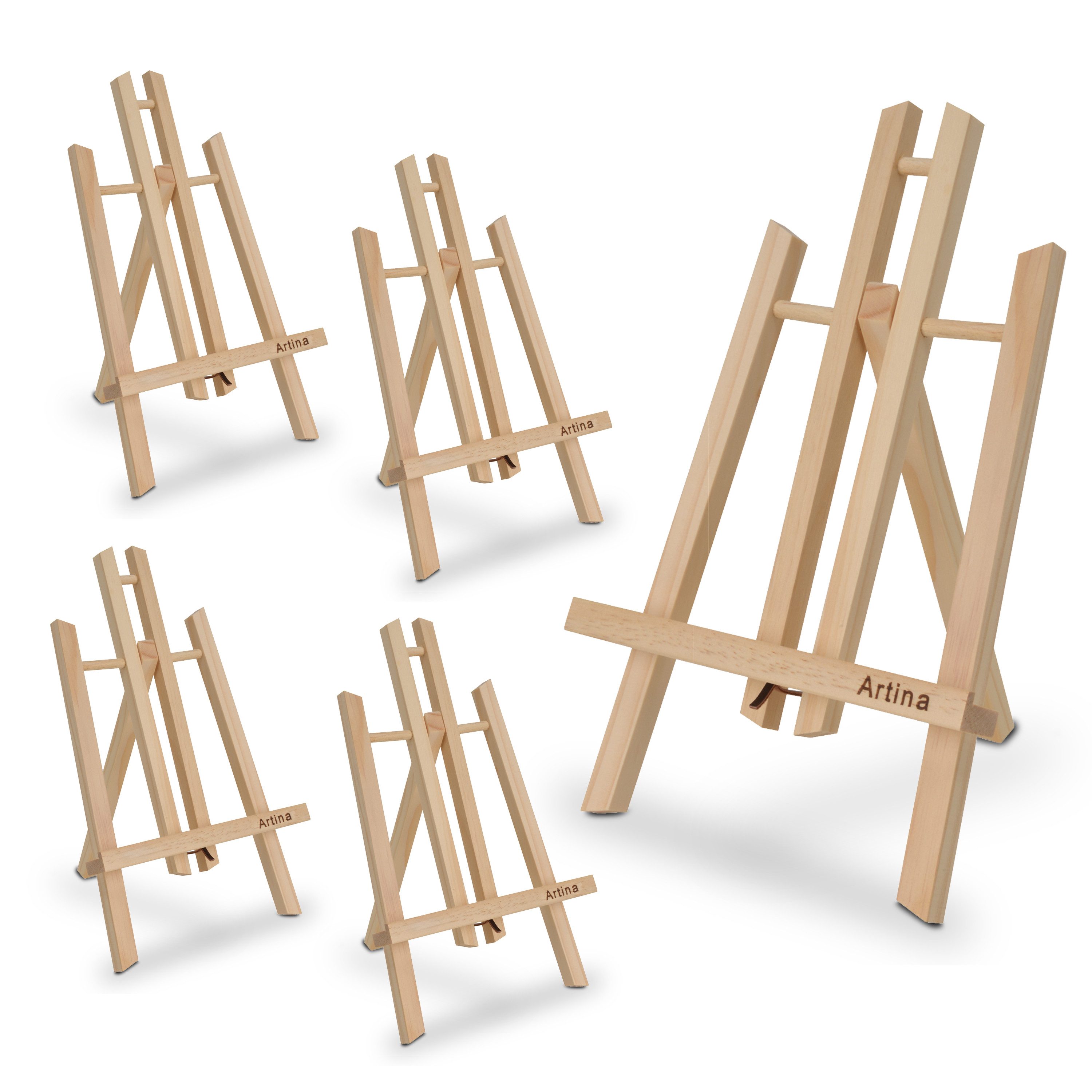 Artina Staffelei Manchester 5er Set Tischstaffelei klein aus Holz 28cm, Mini Präsentationsstaffelei Display – Staffelei für Bilder, Menü Karte