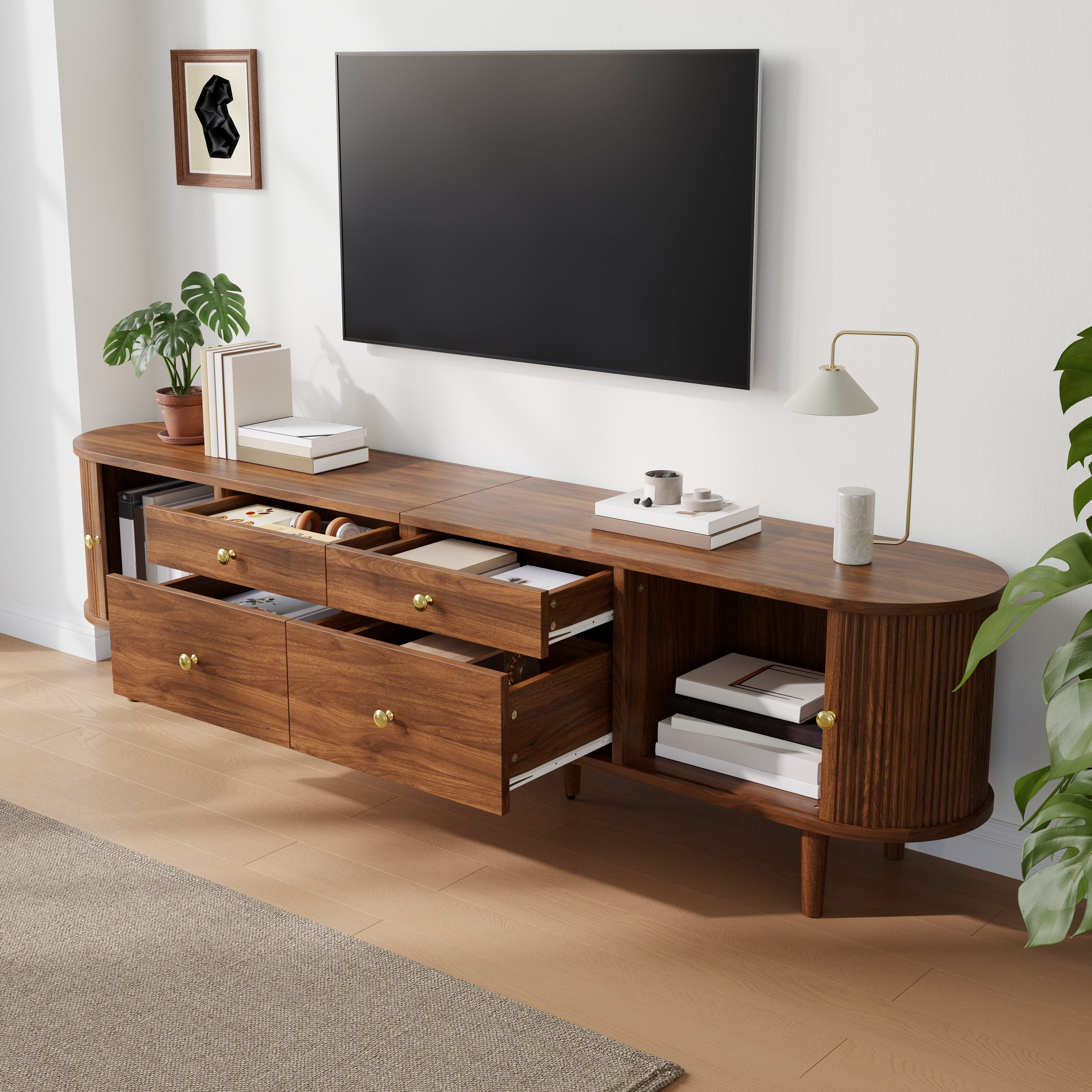 Odikalo TV-Schrank Lowboard Fernsehschrank abgerundete mit Schiebetüren Schubladen (TV-Lowboard abgerundete Enden dreidimensionale Wellenstruktur Schiebetüren 4 Schubladen Holzfüße Metallgriffe)