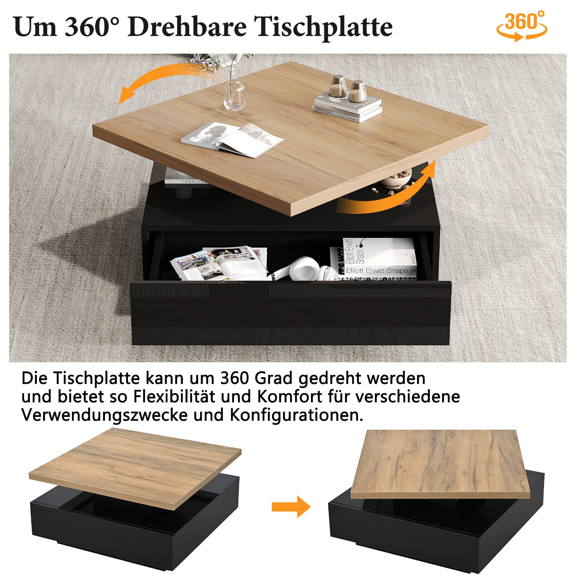 Merax Couchtisch mit versteckten Schubladen und 360° schwenkbarer Arbeitsfläche (Wohnzimmer, Kaffeetisch, 70x70x36cm), hochglänzend Beistelltisch mit geometrisc – Bild 5 von 5