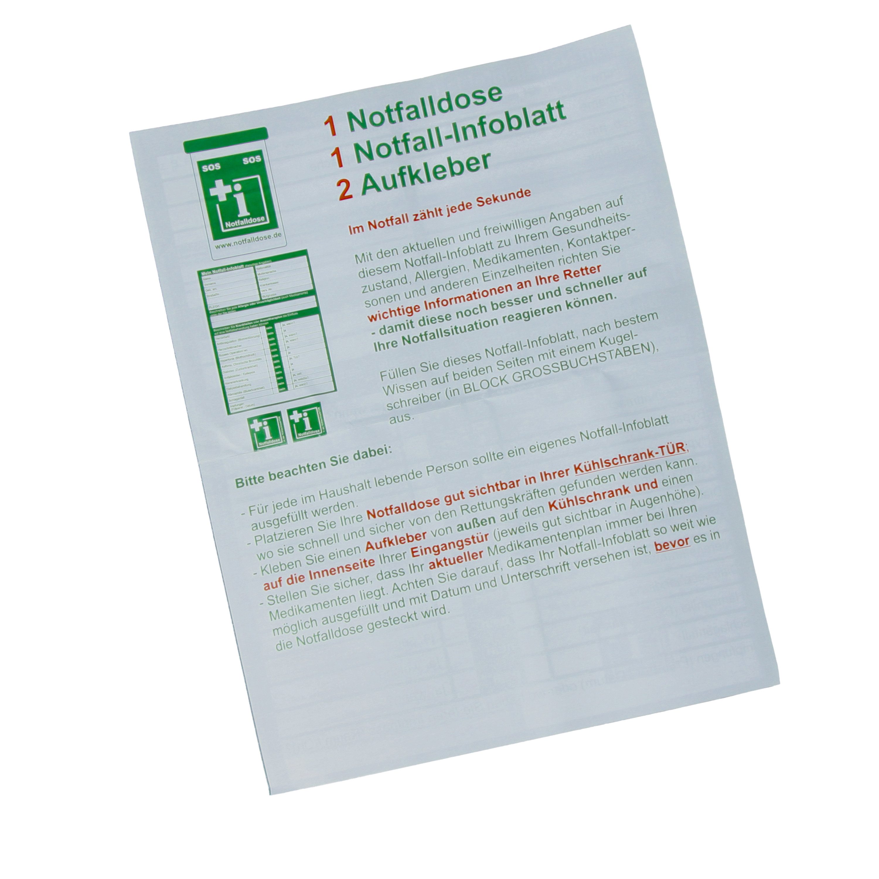 acavi Erste-Hilfe-Set Notfalldose SOS mit individual Notfall-Infoblatt und 2 Aufklebern, (Komplett-Set, 1 St), Lebensrettende Informationen griffbereit aufbewahren