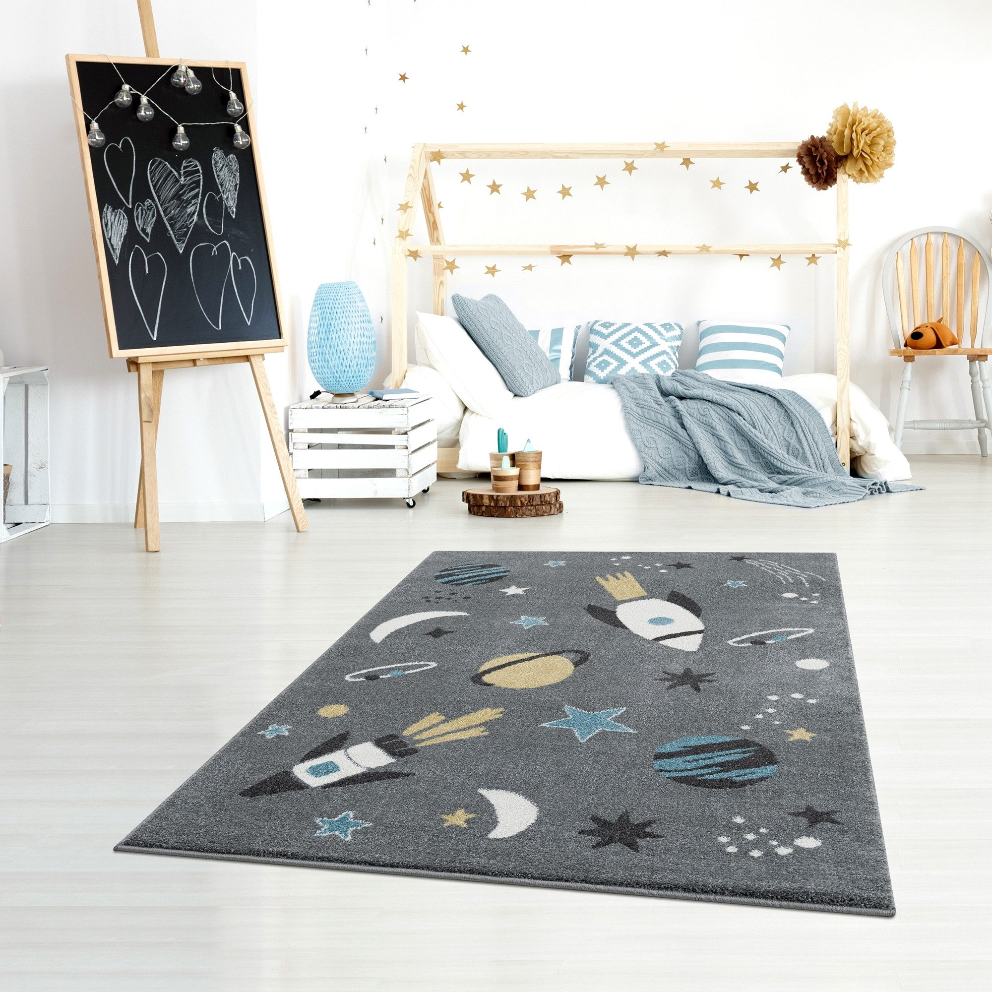 Scandicliving Kinderteppich Teppich, Space silbergrau, 120x180 cm, rechteckig