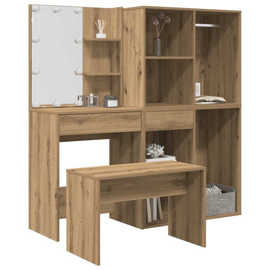 vidaXL Schlafzimmer-Set Schminktisch-Set mit LED-Leuchten Artisan-Eiche Holzwerkstoff