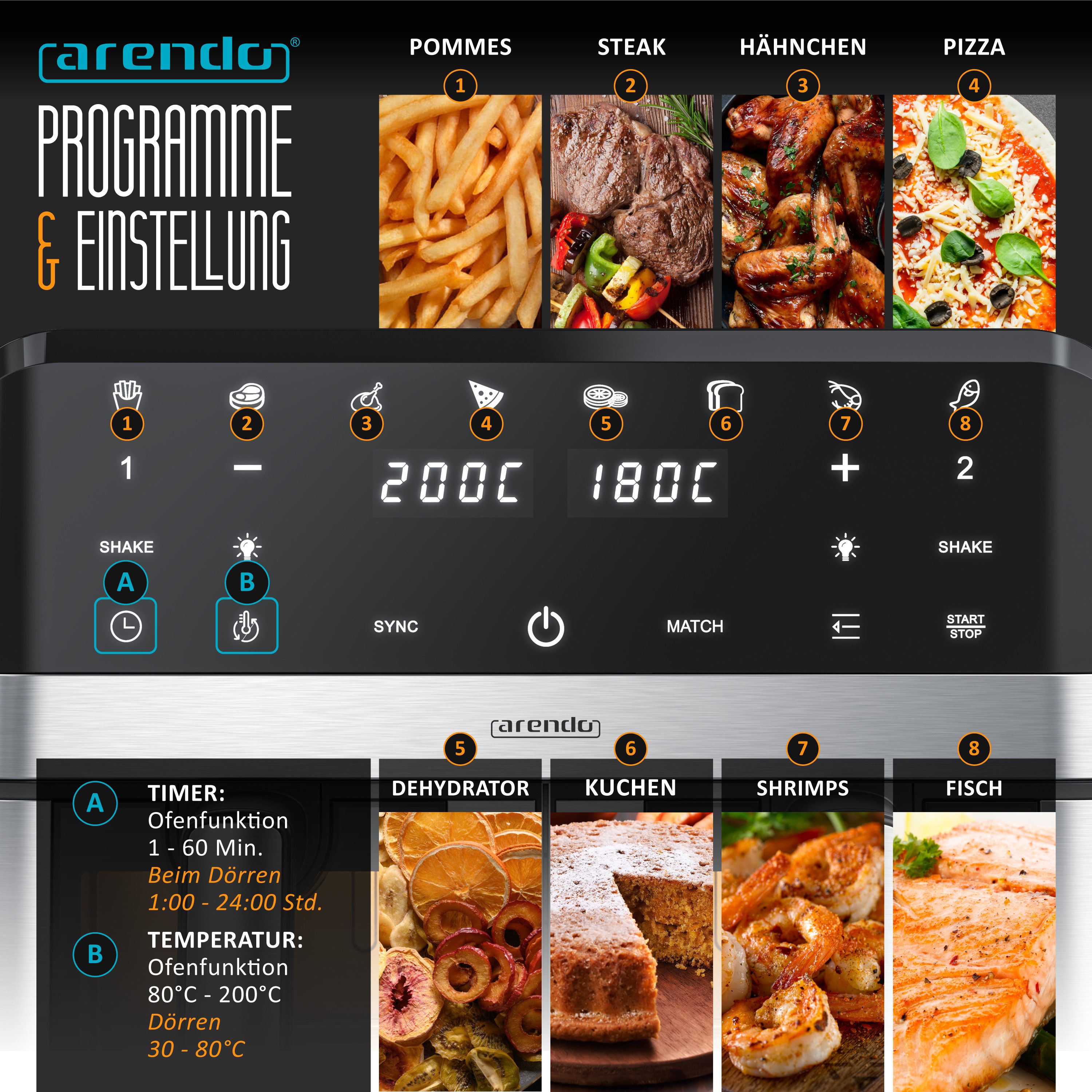 Arendo Heißluftfritteuse XXL Doppelkammer Airfryer 9L mit Backpapier & Zubehör, Dual Zone, 2400 W, Sichtfenster mit Beleuchtung, Umluftsystem, fettarmes gesundes Kochen