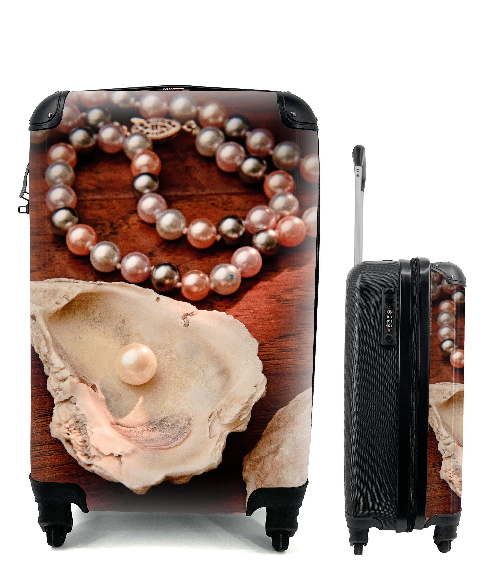 MuchoWow Handgepäckkoffer Perlenkette entlang der Auster, 4 Rollen, Reisetasche mit rollen, Handgepäck für Ferien, Trolley, Reisekoffer