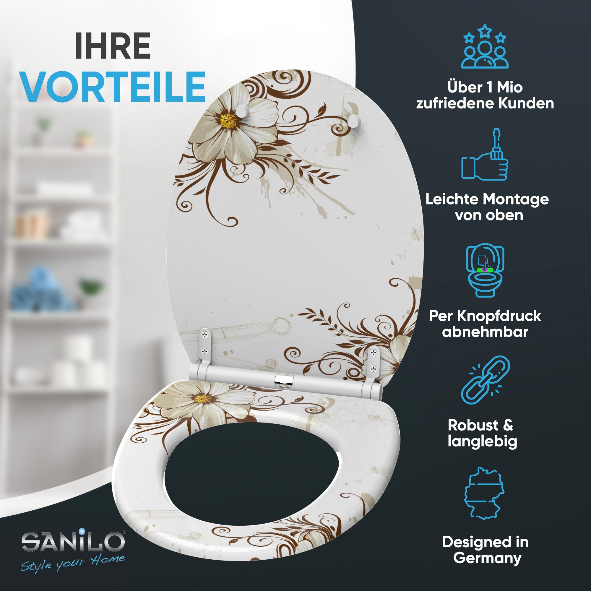 Sanilo WC-Sitz Flower mit Absenkautomatik & Quick Release, Premium Toilettendeckel, abnehmbar, leichte Montage von oben