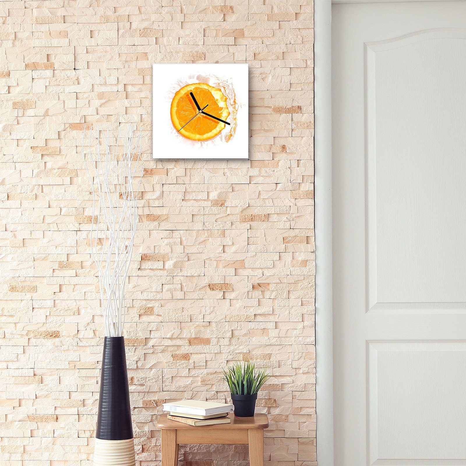 Primedeco Wanduhr Glasuhr Wanduhr Orange 30 Wasser x Motiv im Größe Wandkunst cm mit 30