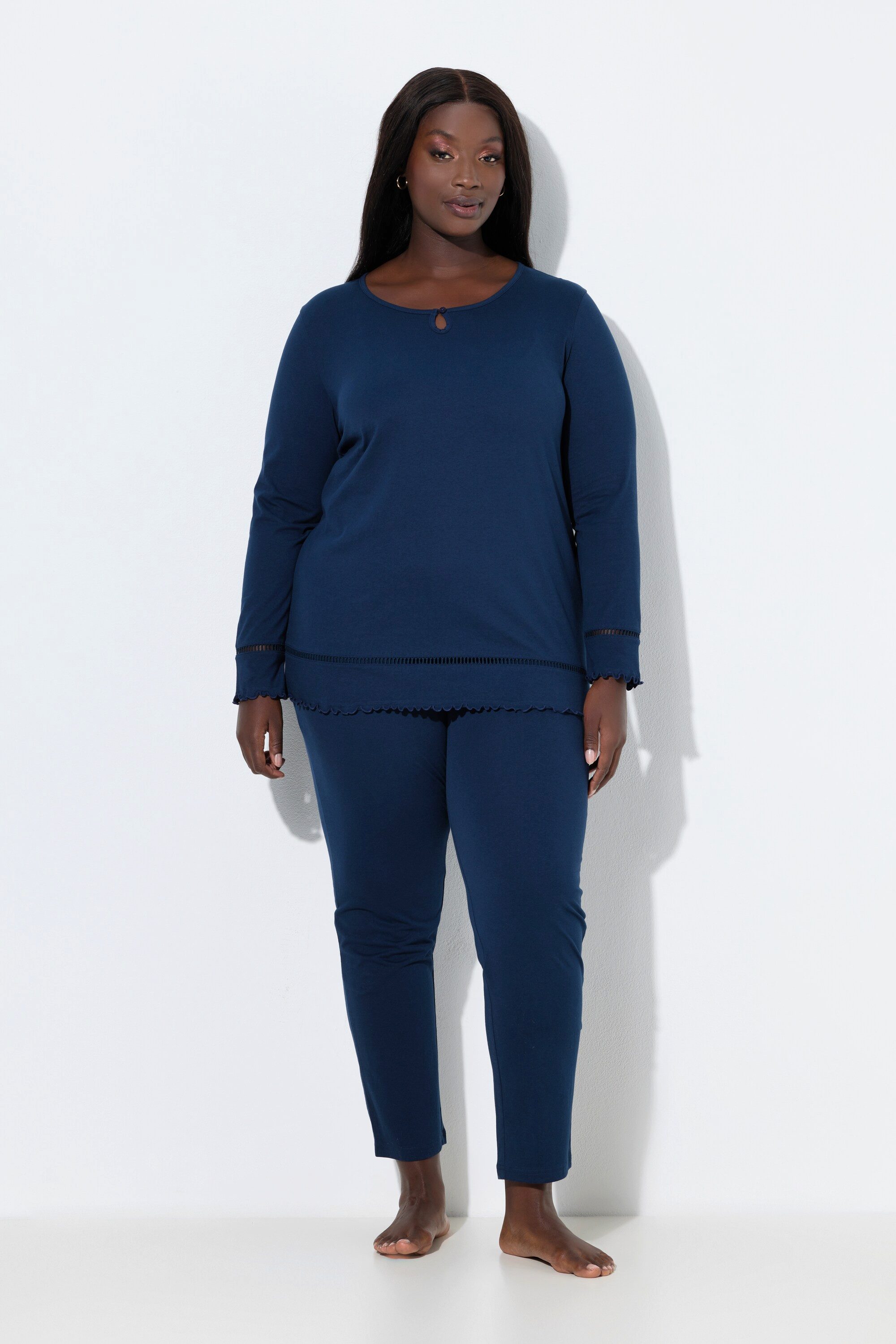 Ulla Popken Pyjama Pyjama Hohlsaum Wellenkanten Rundhals Langarm günstig online kaufen