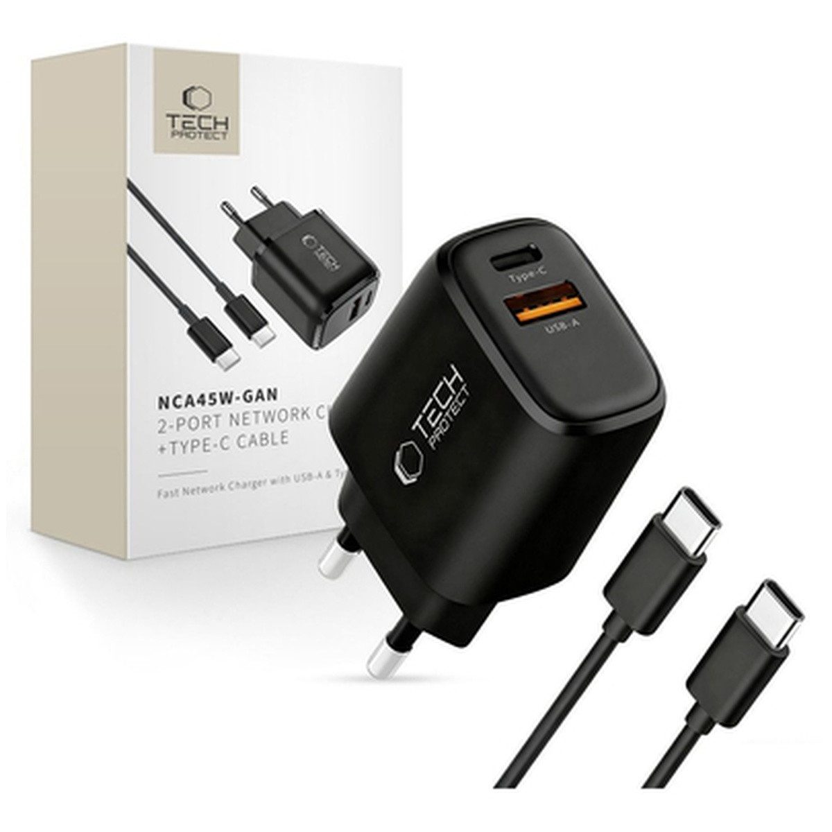 TECH PROTECT Tech Protect NCA45W GAN 2 Port 45W WandLadegerät mit USB-C Smartphone-Ladegerät