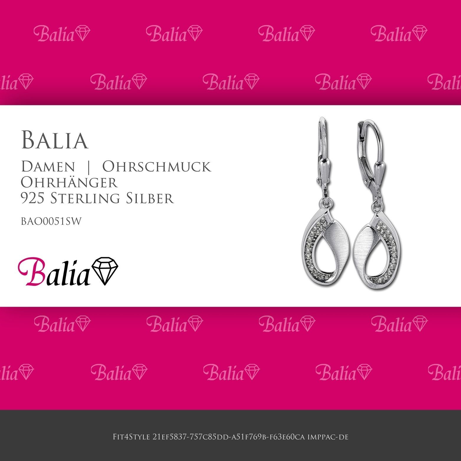 Balia Paar Ohrhänger Balia Damen und matt Loop Sterling Damen aus 3,3cm Ohrhänger 925 poliert Silber, Länge ca. Ohrringe (Ohrhänger)