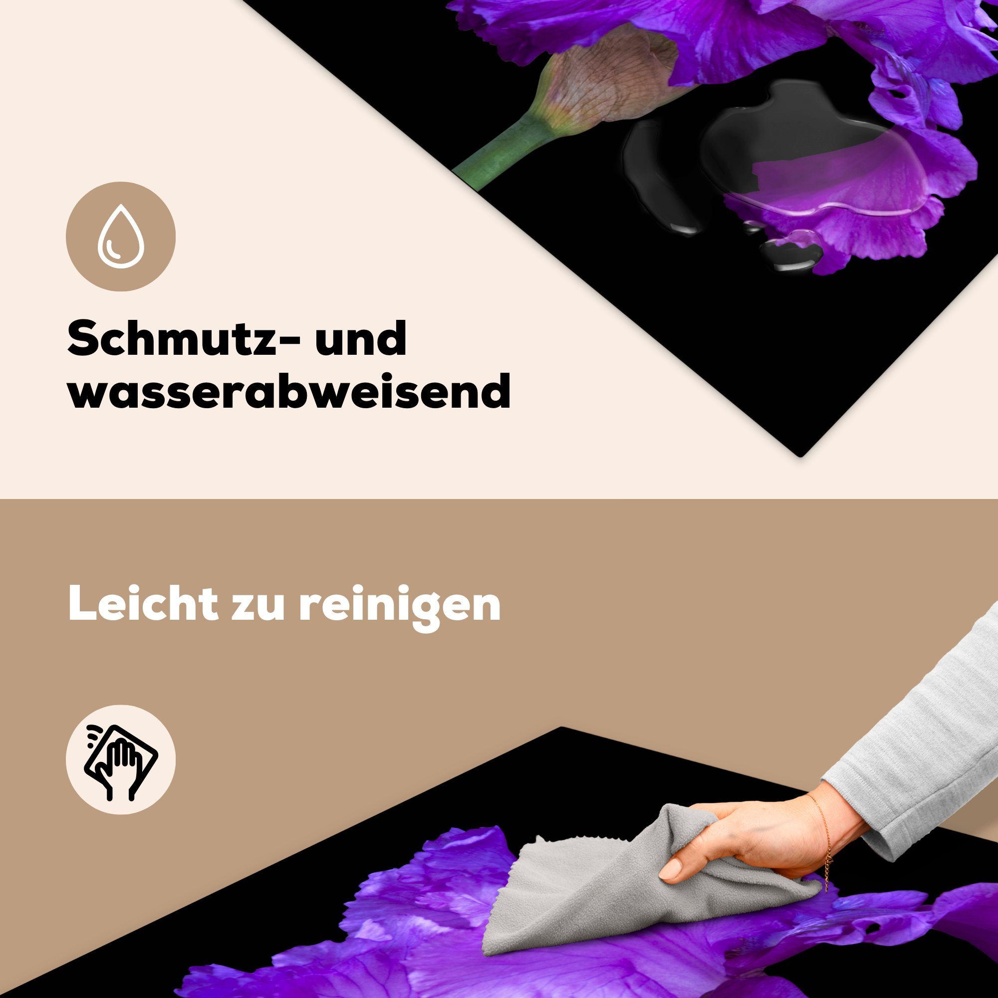 küche Iris tlg), (1 Vinyl, Ceranfeldabdeckung, MuchoWow Schwarz, Lila für Herdblende-/Abdeckplatte cm, Arbeitsplatte auf 78x78