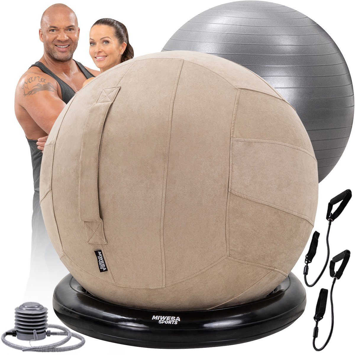 Miweba Sports Gymnastikball 4in1 Gymnastikball-Set inkl. Ballschale & Expander-Bänder (ergonomischer Sitzball für Zuhause & Büro, Ballhocker, Balance Ball, Schwangerschaftsball, Sitzmöbel, Schreibtischstuhl, Massage Ball, Medizinball, Fitnessball, rutschsichere Standfläche, Wildleder-Optik, 70 cm Sitzhöhe, 65 cm Durchmesser, Ballauflage, Gymnastik-Schlingentrainer-Set, 4-St., Bezug, Tragegriff, Fußpumpe, 500 Kg Benutzergewicht), Gymnastik Pilates Sport Training Yoga Ball - Schlingentrainer