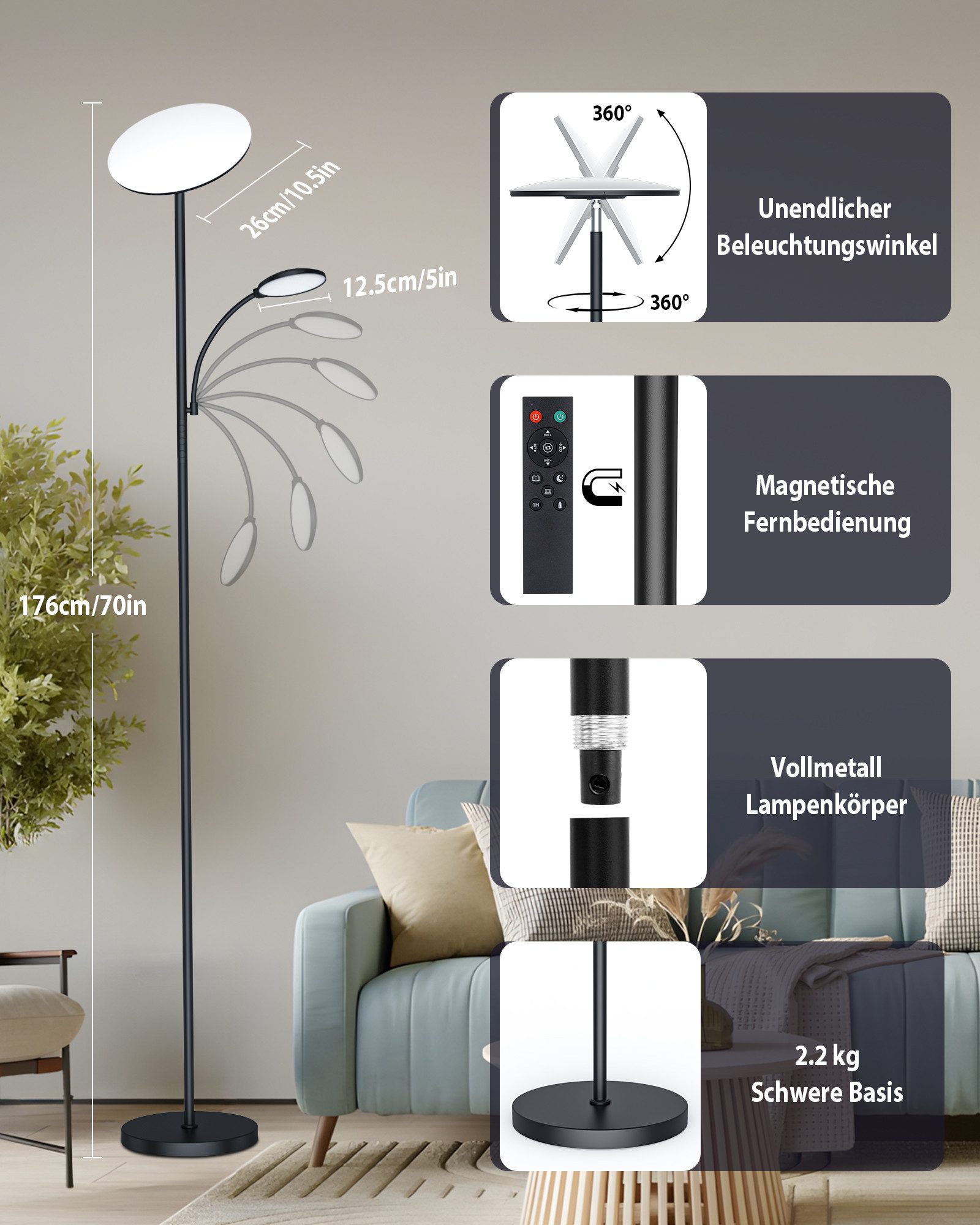 Lujasi LED Stehlampe 42W Stehlampe Wohnzimmer, 3800LM LED Deckenfluter mit Seitenleuchten, Farbtemperatur/Helligkeitsanpassung, stehlampe dimmbar, Stehlampe für – Bild 4 von 5
