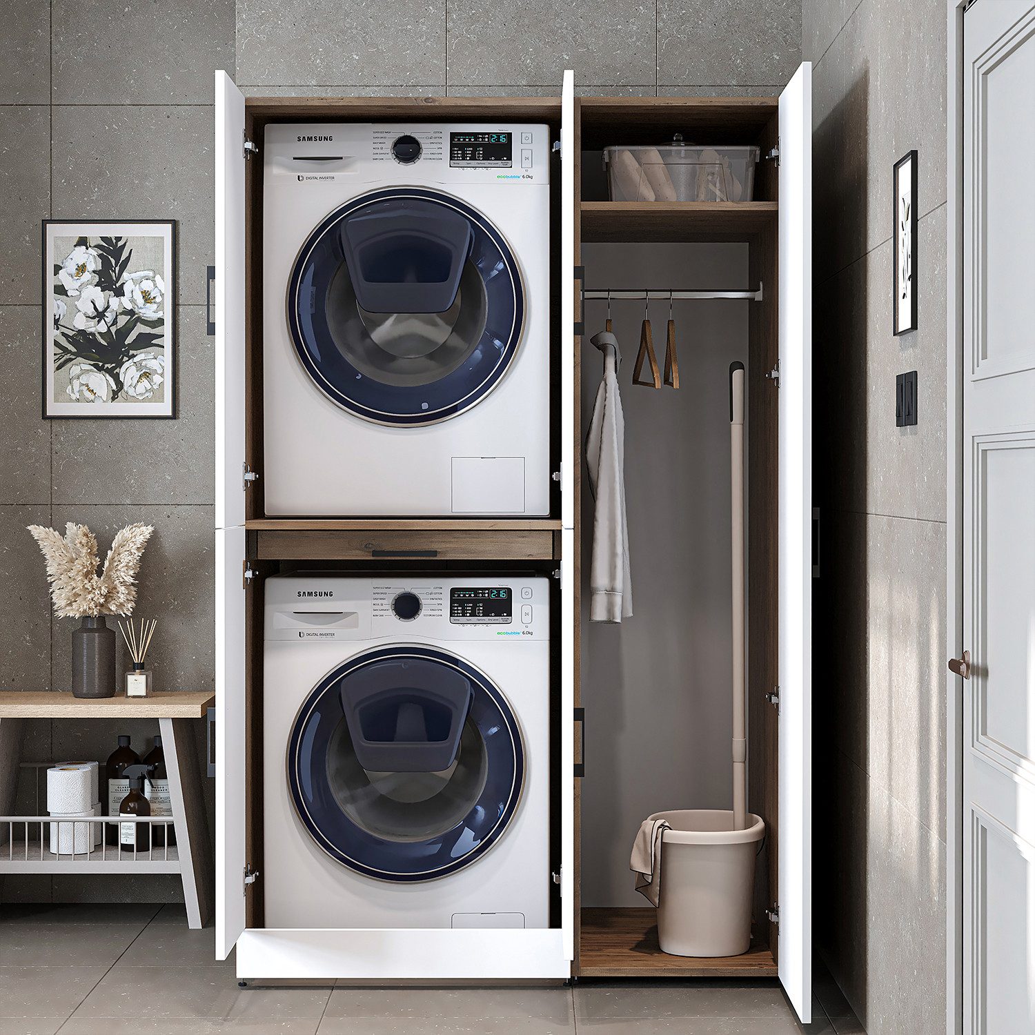 Roomart Waschmaschinenumbauschrank DORA Waschturm 115 cm mit Hochschrank, Soft-Close, 4 Farben (Waschmaschinenschrank DORA für Trockner & Waschmaschine in 4 Farben) Soft-Close-TÜren, Vollauszug, 130kg Belastbarkeit, 4 Farben